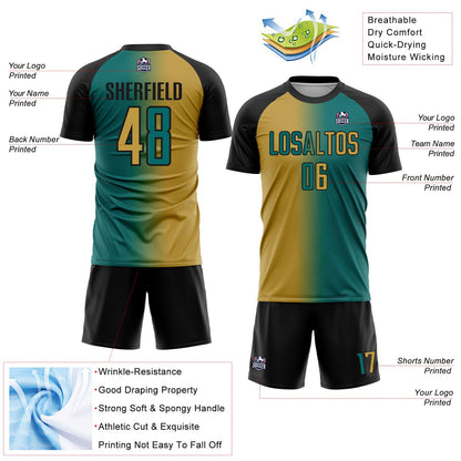 Custom Teal Old Gold-Black Sublimation Gradient Fashion Soccer Uniform Jersey - Sky-Custom