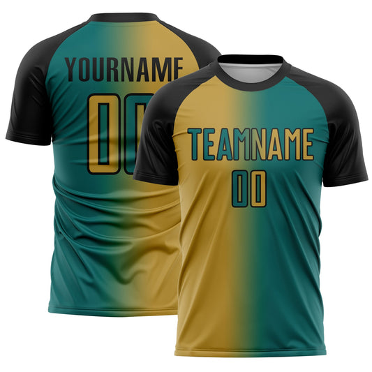 Custom Teal Old Gold-Black Sublimation Gradient Fashion Soccer Uniform Jersey - Sky-Custom