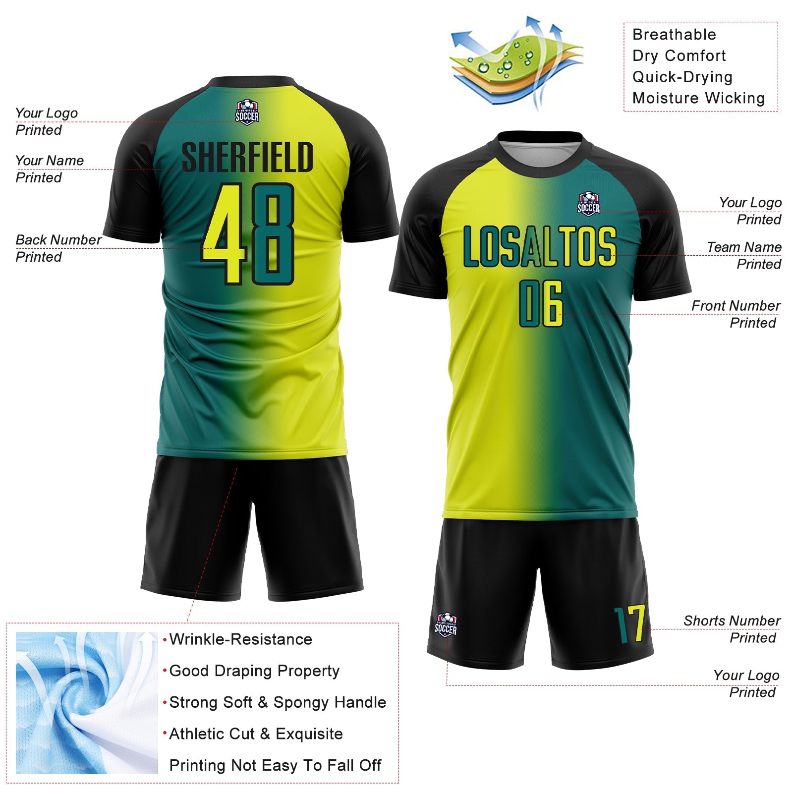 Custom Teal Neon Yellow-Black Sublimation Gradient Fashion Soccer Uniform Jersey - Sky-Custom