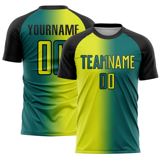 Custom Teal Neon Yellow-Black Sublimation Gradient Fashion Soccer Uniform Jersey - Sky-Custom