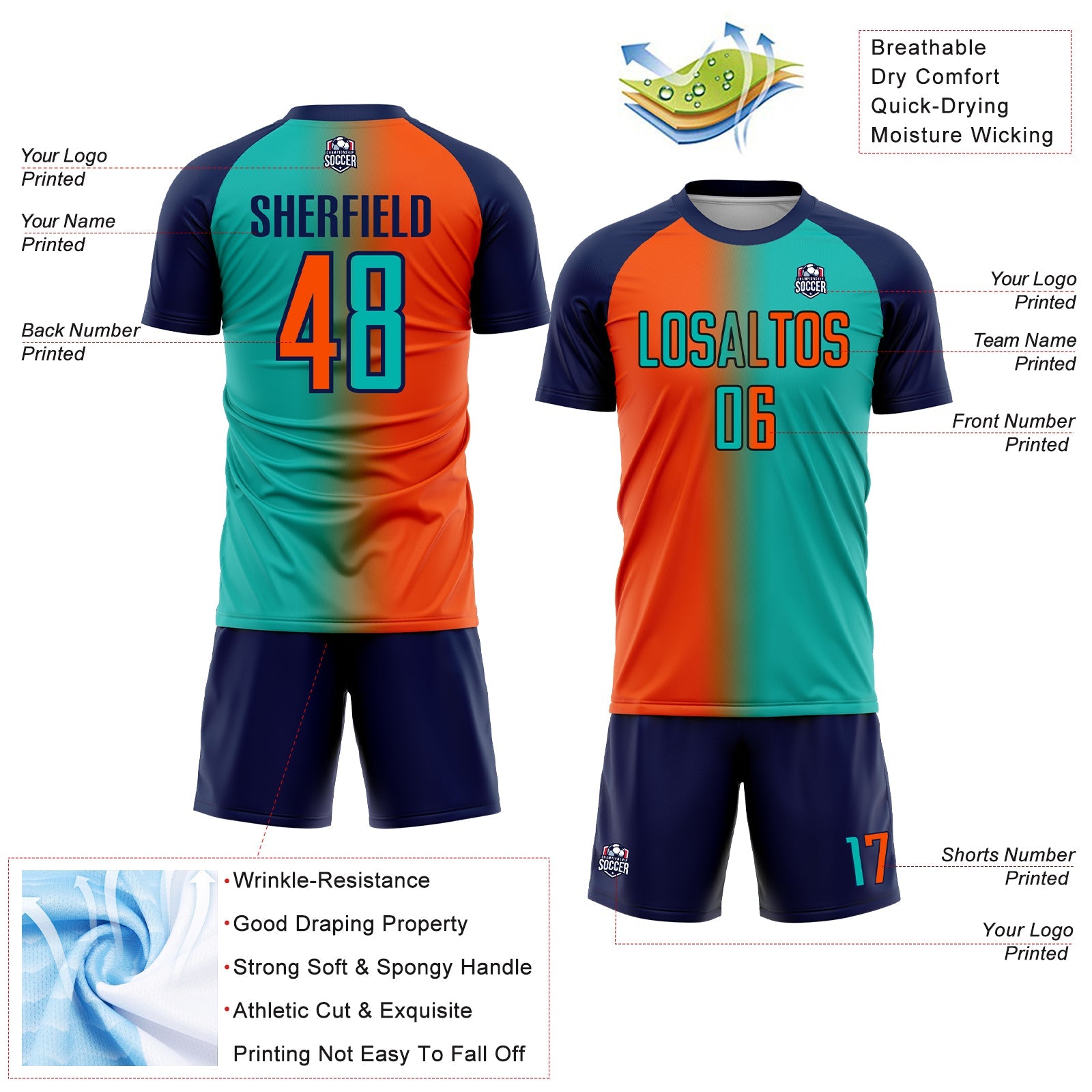 Custom Aqua Orange-Navy Sublimation Gradient Fashion Soccer Uniform Jersey - Sky-Custom