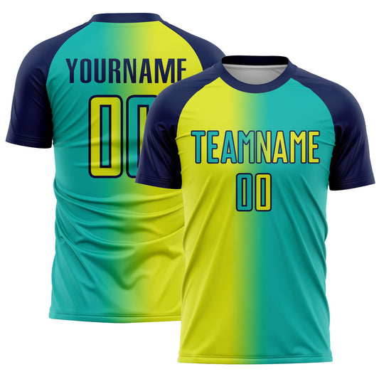 Custom Aqua Neon Yellow-Navy Sublimation Gradient Fashion Soccer Uniform Jersey - Sky-Custom