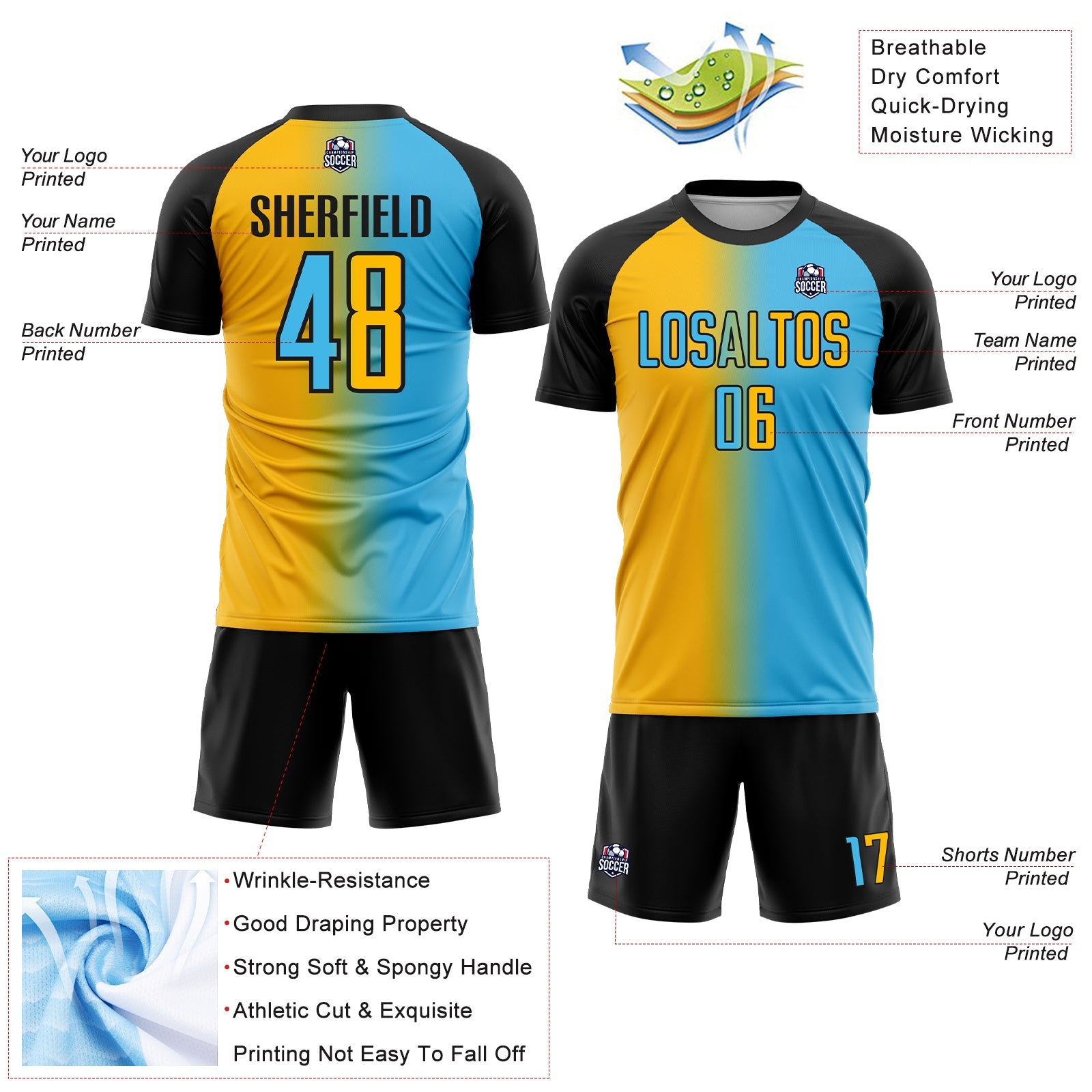 Custom Sky Blue Gold-Black Sublimation Gradient Fashion Soccer Uniform Jersey - Sky-Custom