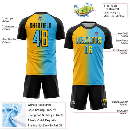 Custom Sky Blue Gold-Black Sublimation Gradient Fashion Soccer Uniform Jersey - Sky-Custom