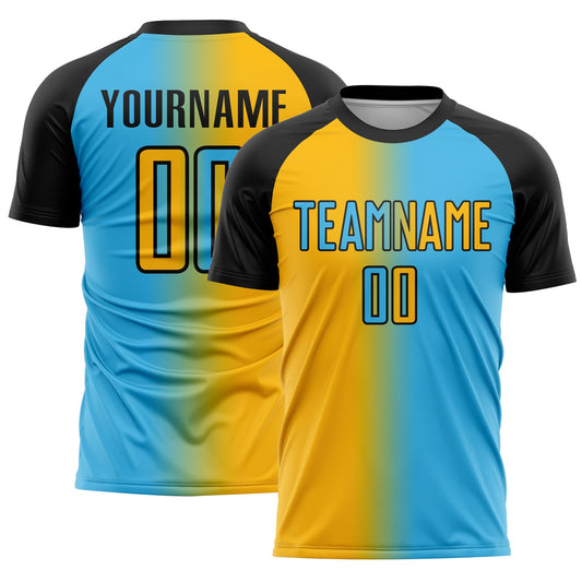 Custom Sky Blue Gold-Black Sublimation Gradient Fashion Soccer Uniform Jersey - Sky-Custom