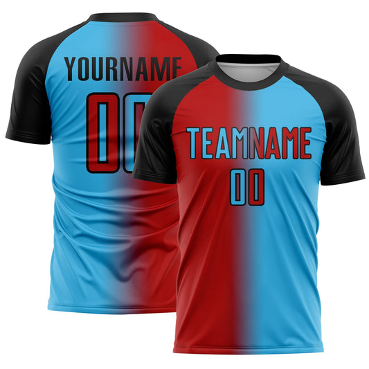 Custom Sky Blue Red-Black Sublimation Gradient Fashion Soccer Uniform Jersey - Sky-Custom