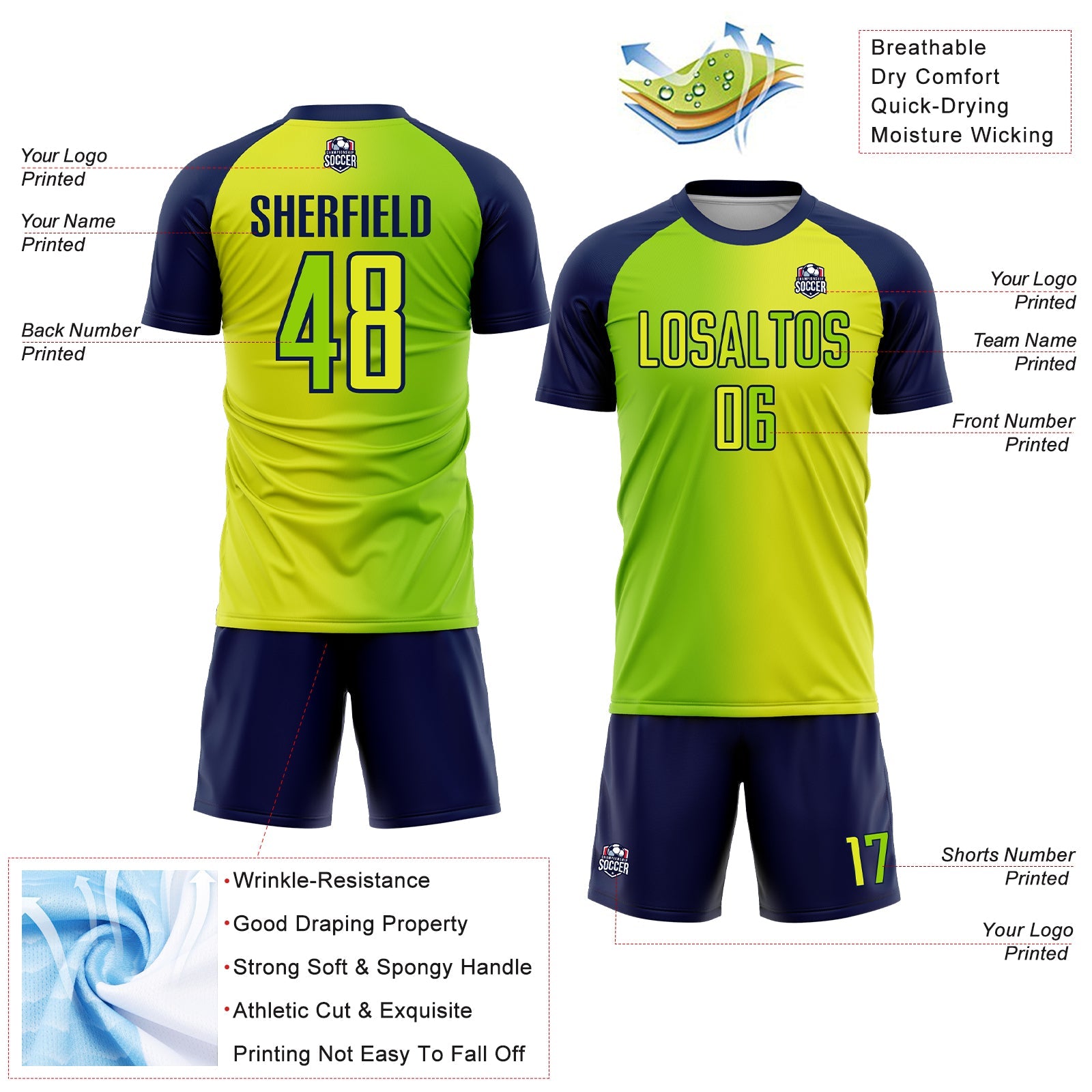 Custom Neon Yellow Neon Green-Navy Sublimation Gradient Fashion Soccer Uniform Jersey - Sky-Custom