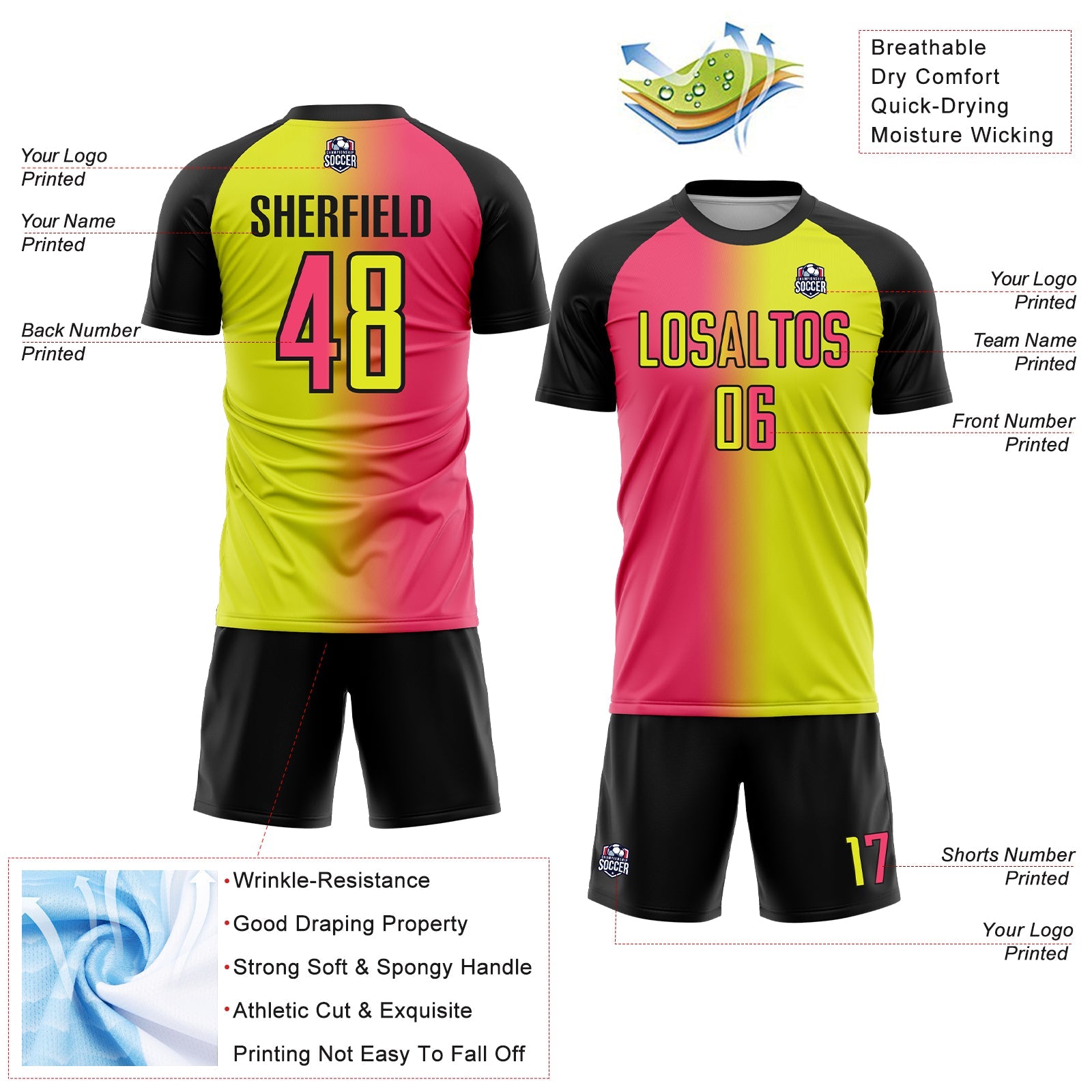 Custom Neon Yellow Neon Pink-Black Sublimation Gradient Fashion Soccer Uniform Jersey - Sky-Custom