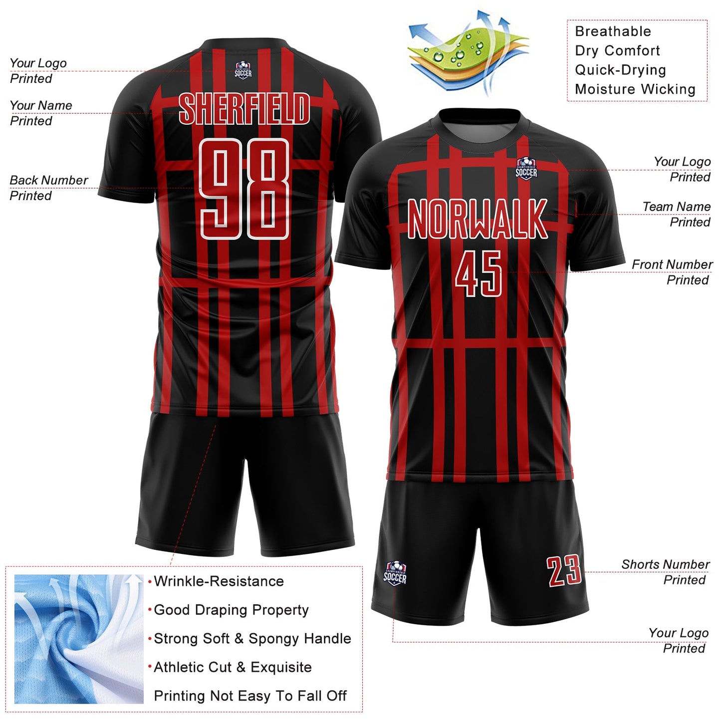 Custom Black Red-White Stripe Line Sublimation Soccer Uniform Jersey - Sky-Custom