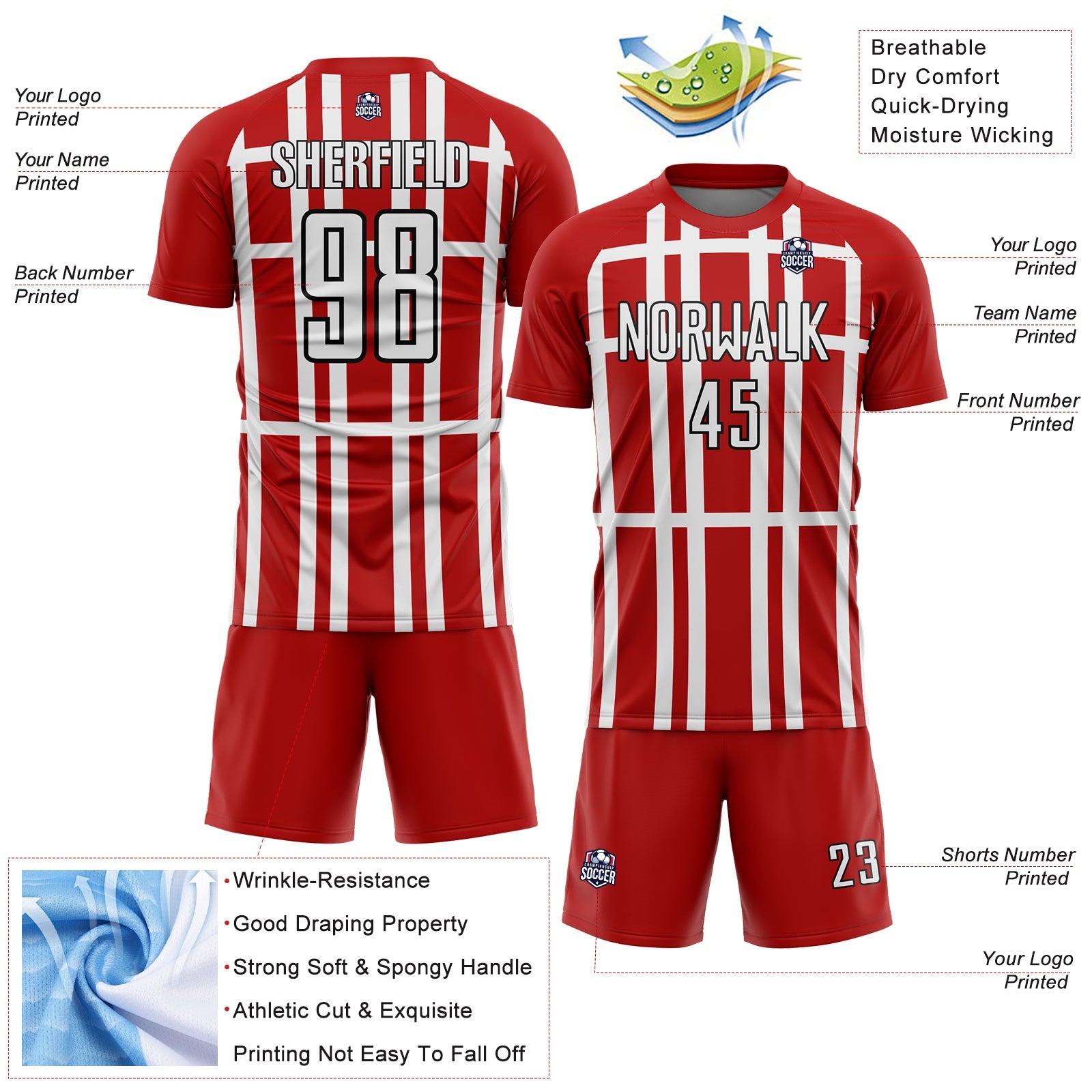 Custom Red White-Black Stripe Line Sublimation Soccer Uniform Jersey - Sky-Custom