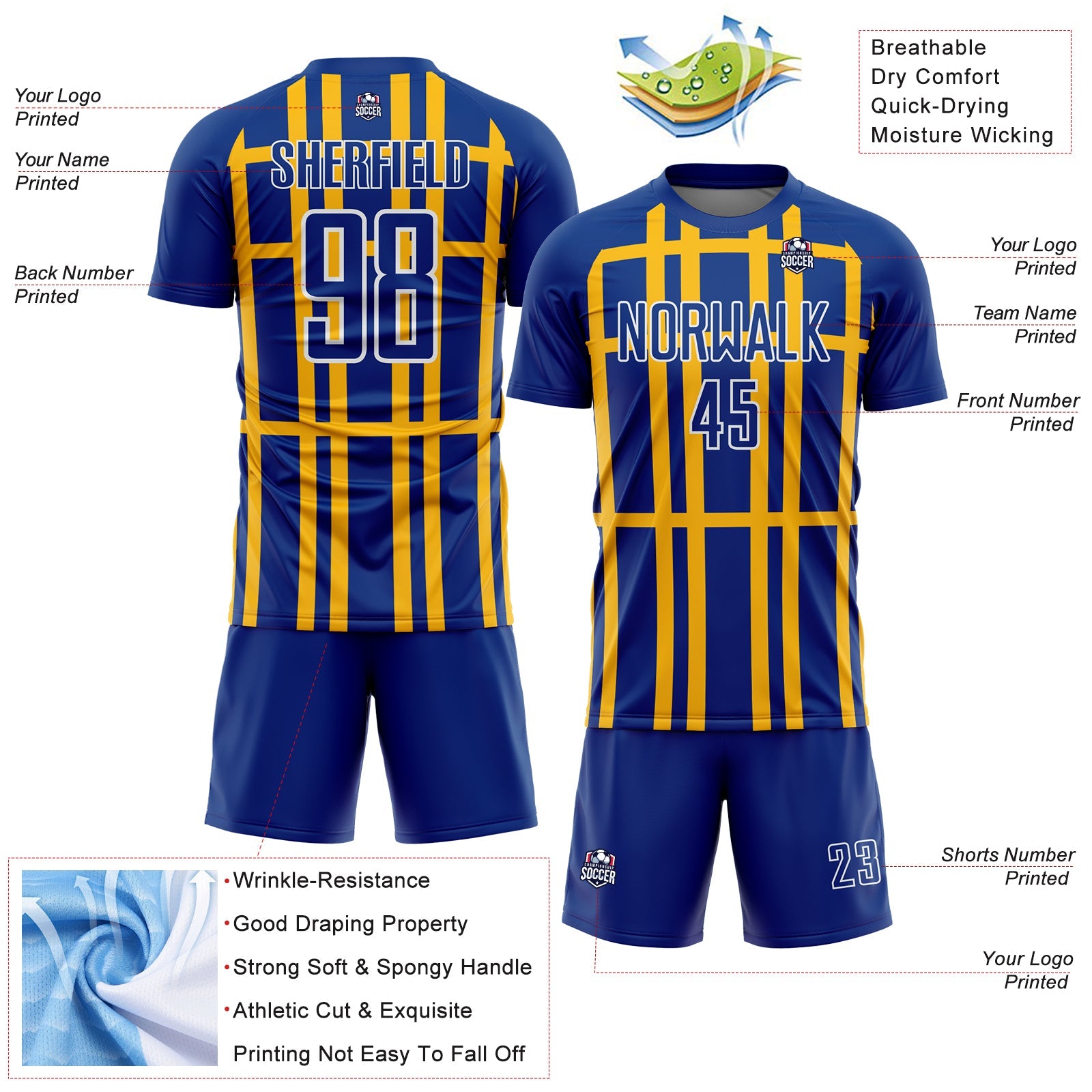 Custom Royal Gold-White Stripe Line Sublimation Soccer Uniform Jersey - Sky-Custom