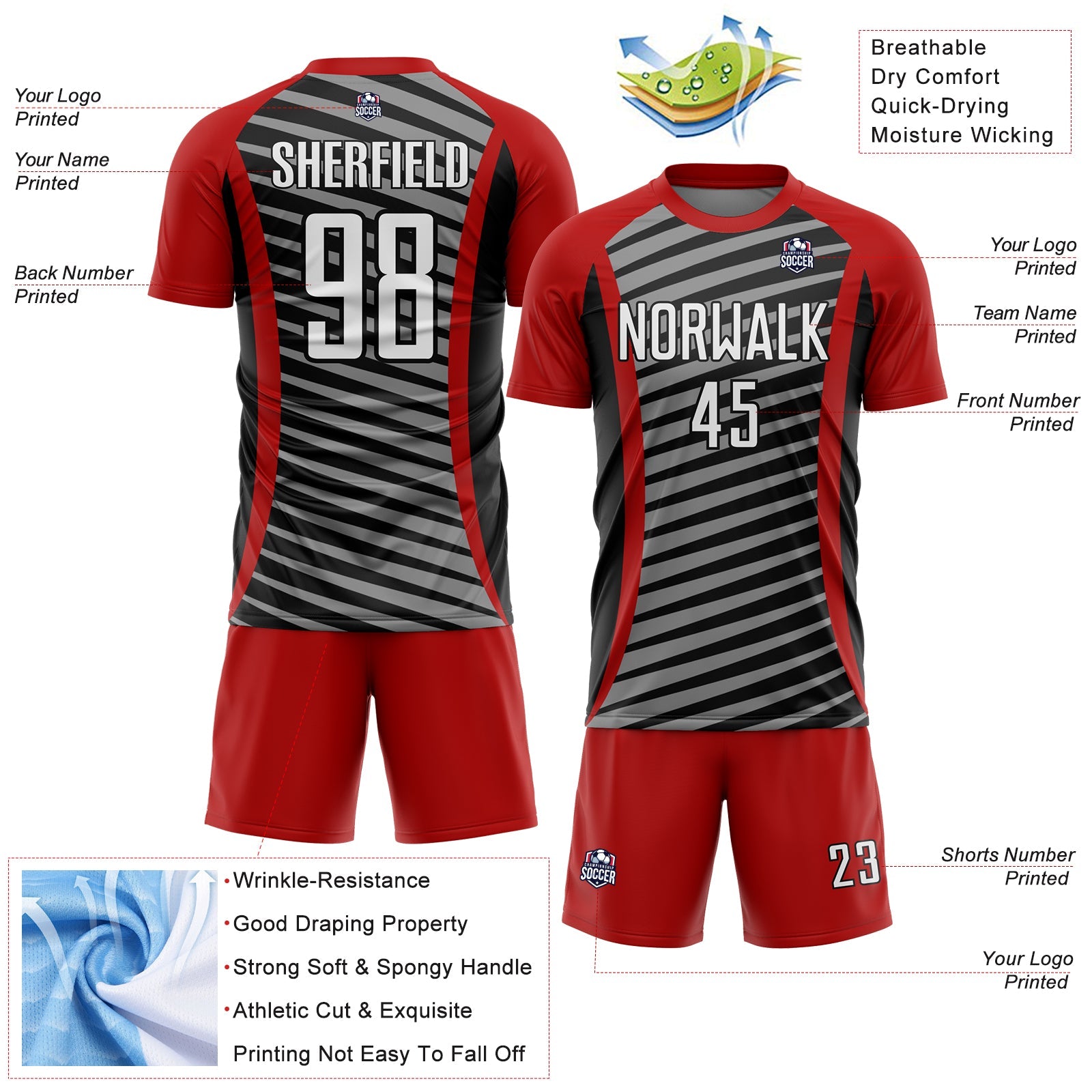 Custom Red White-Black Stripe Line Sublimation Soccer Uniform Jersey - Sky-Custom
