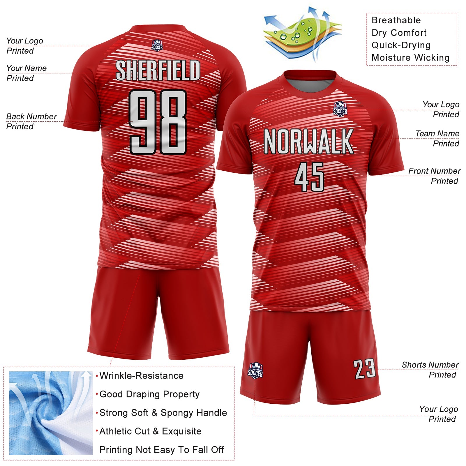 Custom Red White-Black Stripe Line Sublimation Soccer Uniform Jersey - Sky-Custom