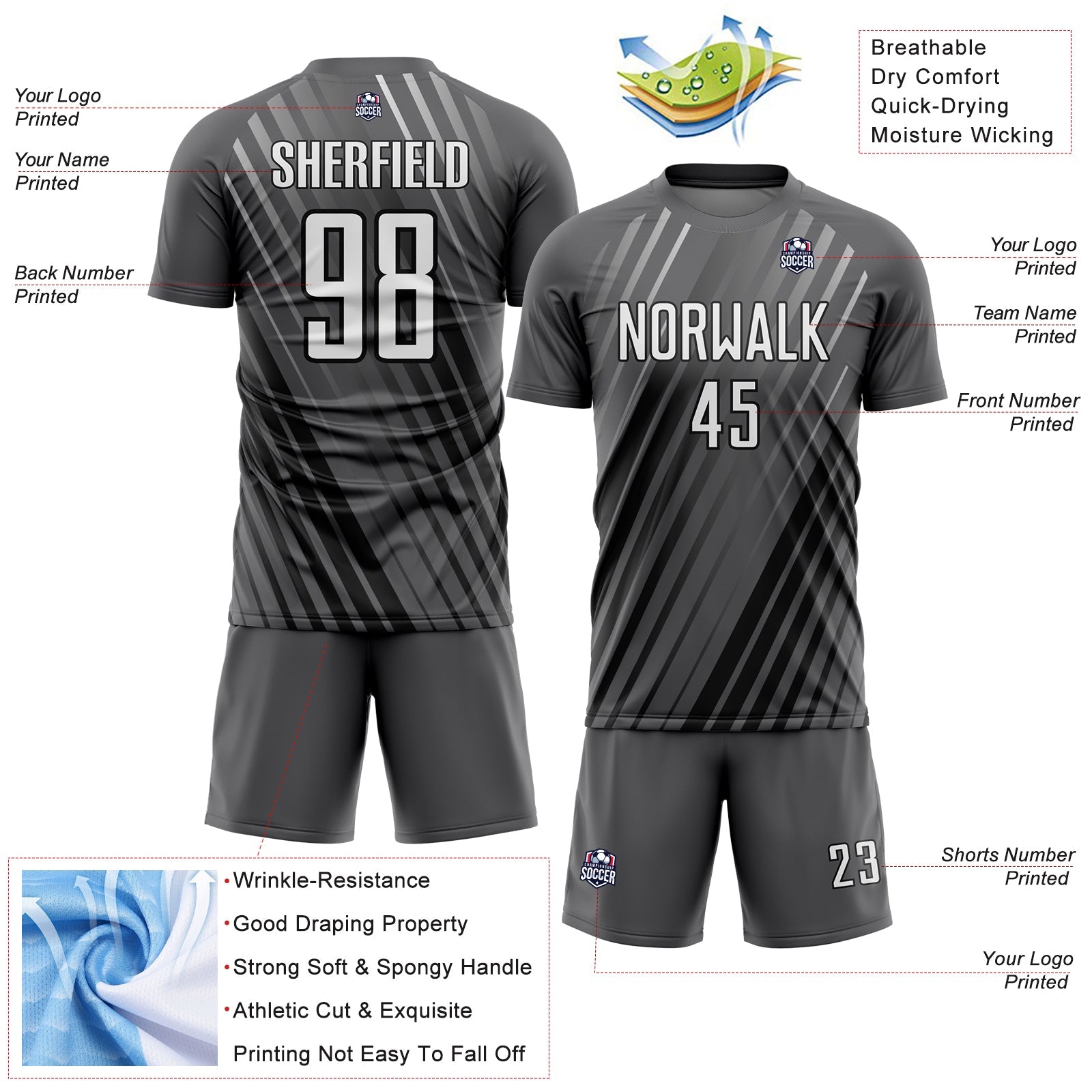 Custom Steel Gray White-Black Stripe Line Sublimation Soccer Uniform Jersey - Sky-Custom