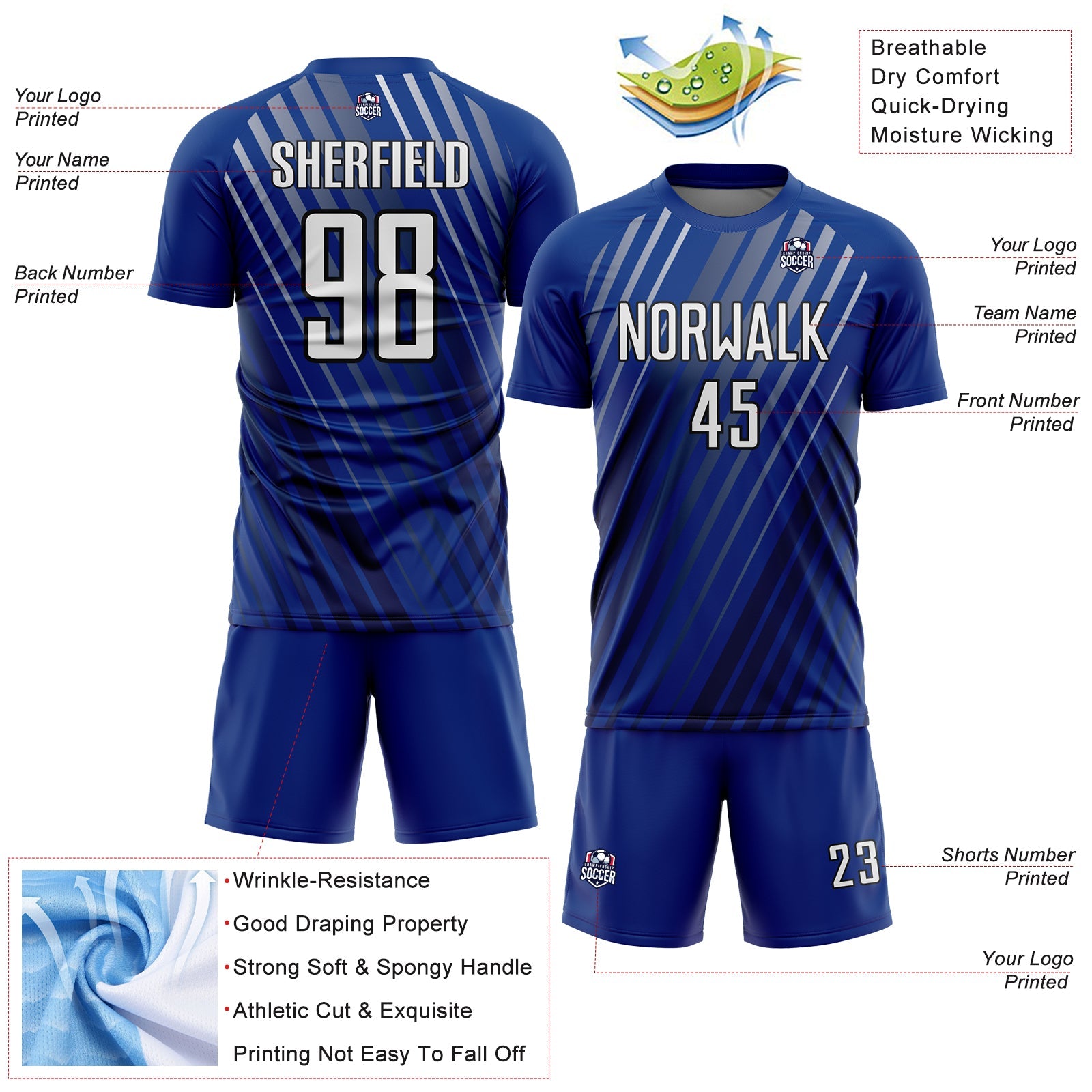 Custom Royal White-Black Stripe Line Sublimation Soccer Uniform Jersey - Sky-Custom