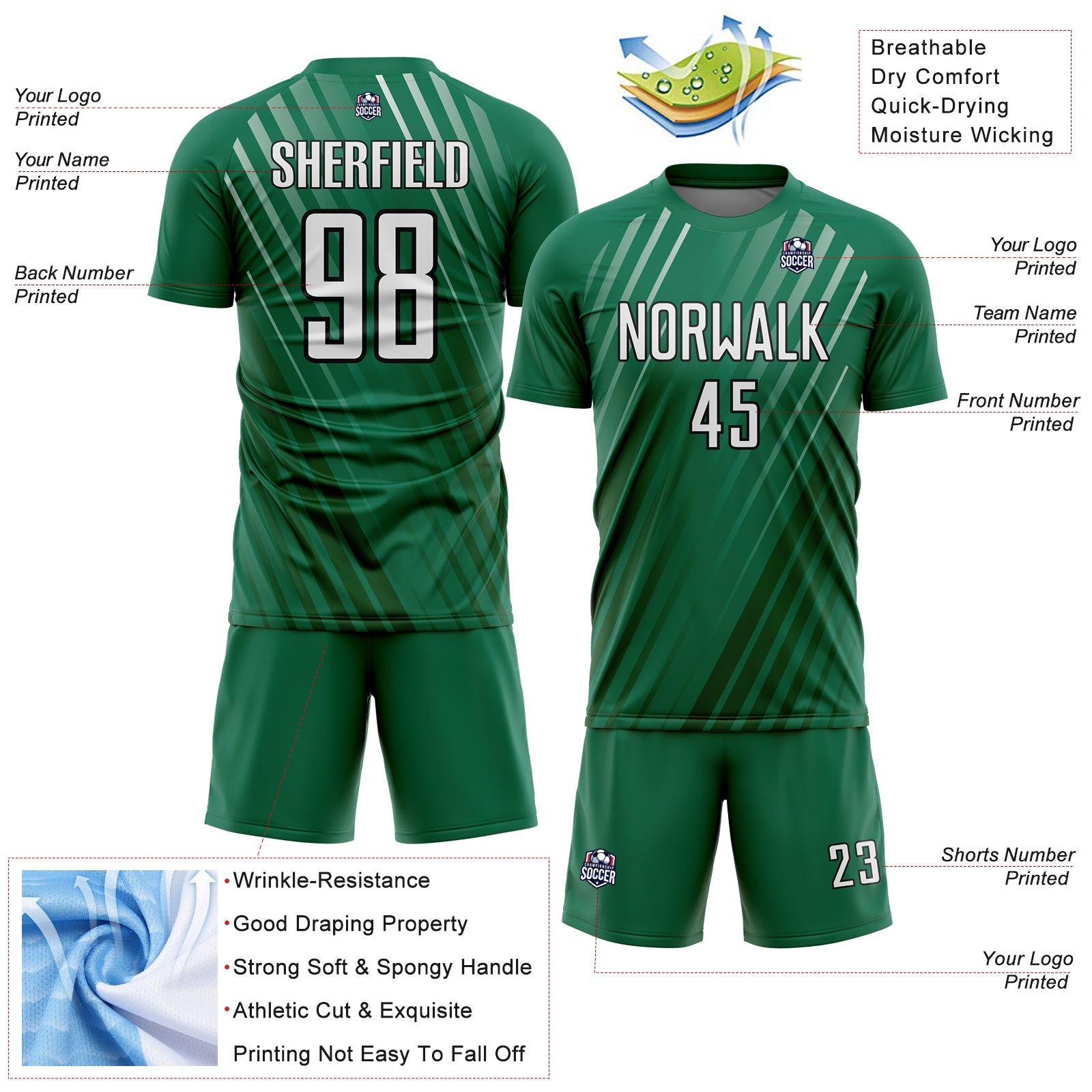 Custom Kelly Green White-Black Stripe Line Sublimation Soccer Uniform Jersey - Sky-Custom