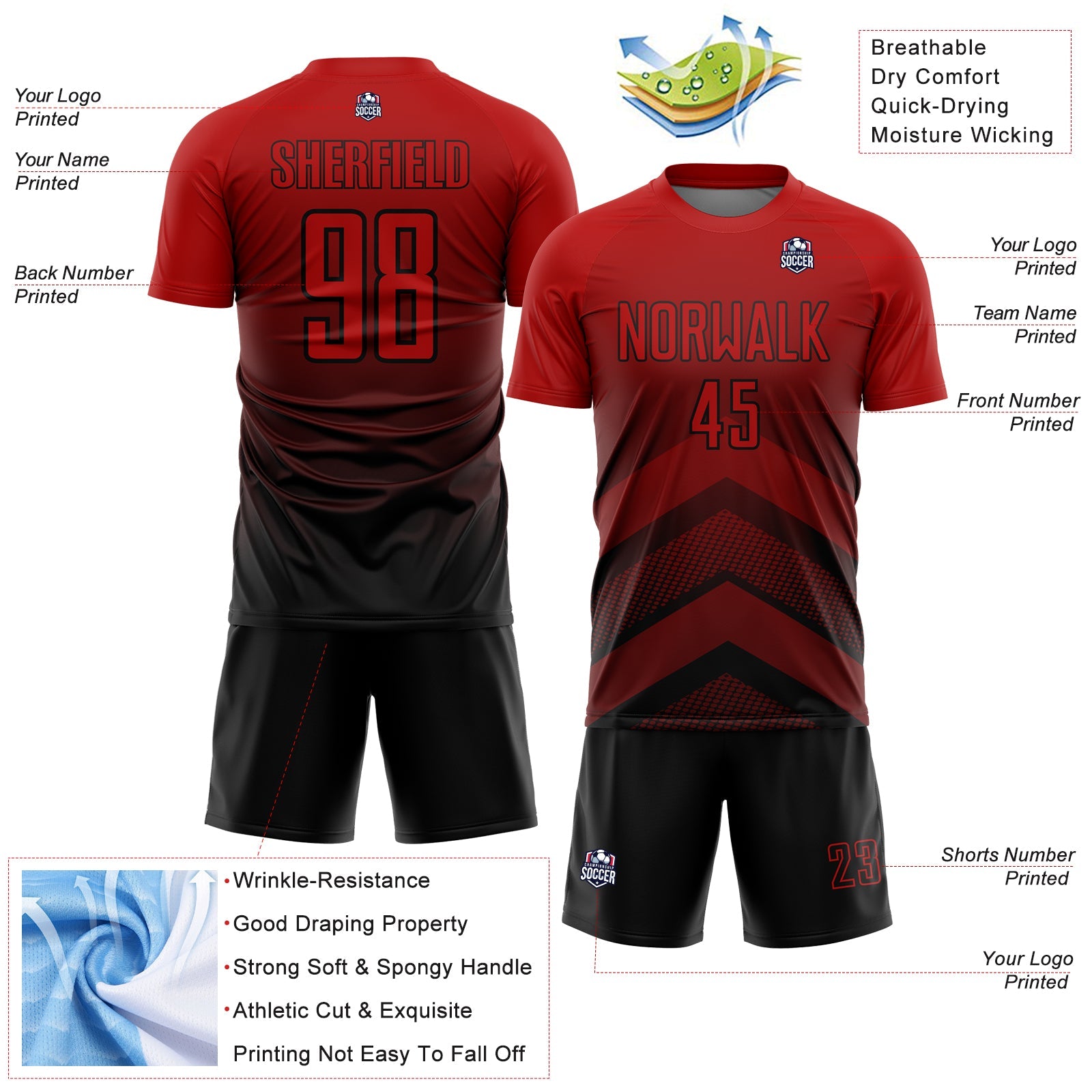 Custom Red Black Gradient Arrow Geometric Shapes Sublimation Soccer Uniform Jersey - Sky-Custom