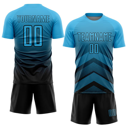 Custom Sky Blue Black Gradient Arrow Geometric Shapes Sublimation Soccer Uniform Jersey - Sky-Custom