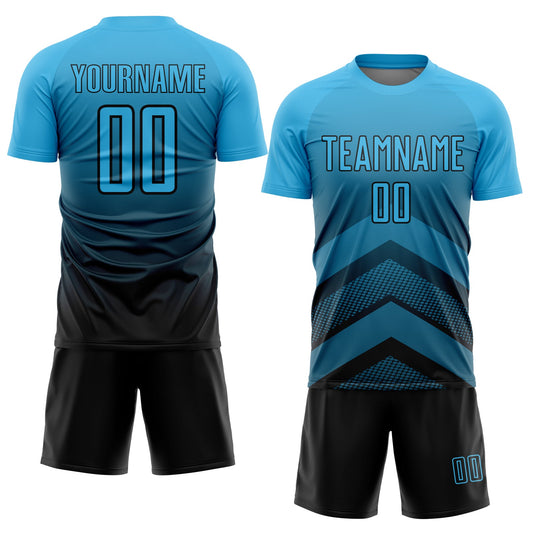 Custom Sky Blue Black Gradient Arrow Geometric Shapes Sublimation Soccer Uniform Jersey - Sky-Custom