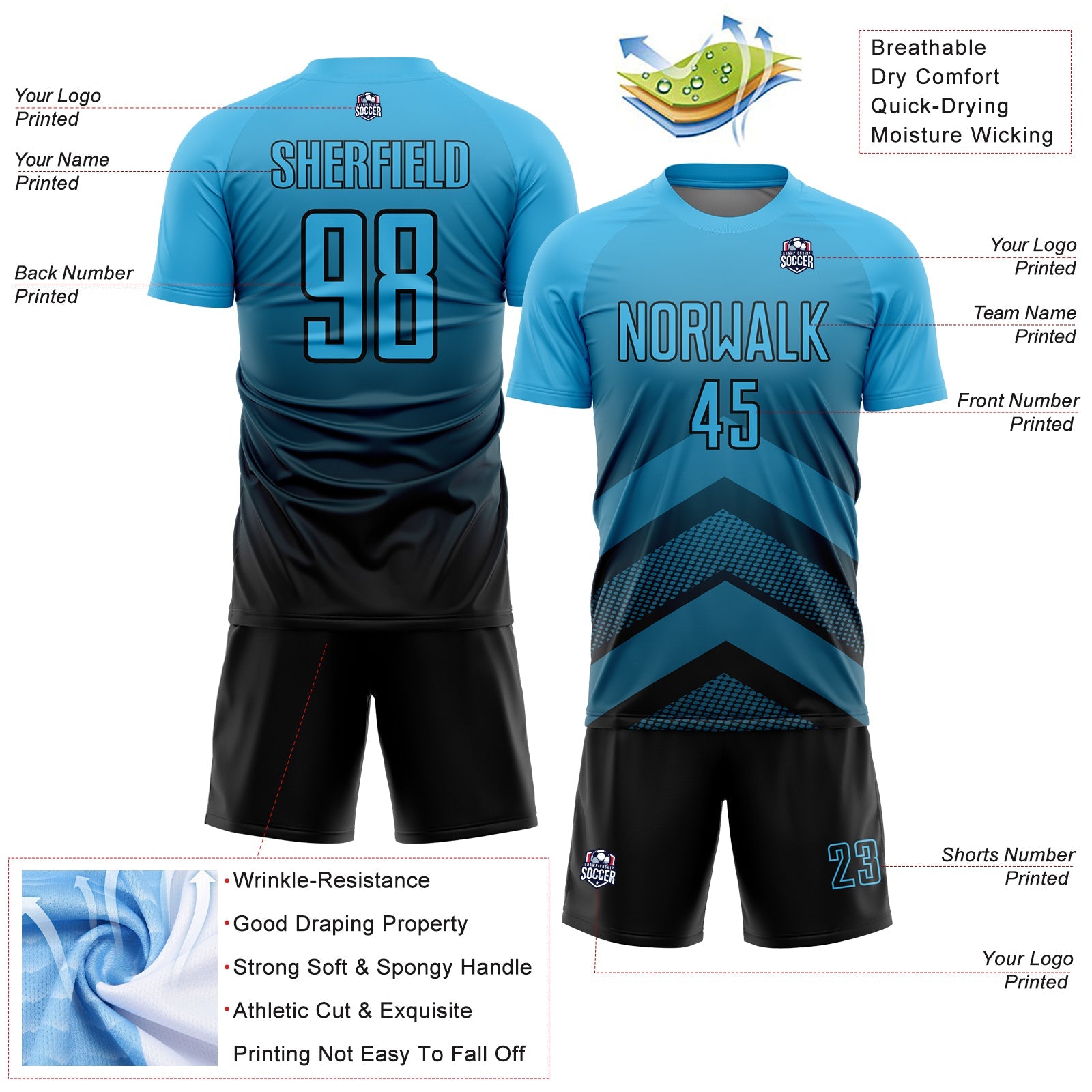 Custom Sky Blue Black Gradient Arrow Geometric Shapes Sublimation Soccer Uniform Jersey - Sky-Custom