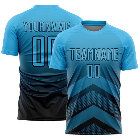 Custom Sky Blue Black Gradient Arrow Geometric Shapes Sublimation Soccer Uniform Jersey - Sky-Custom