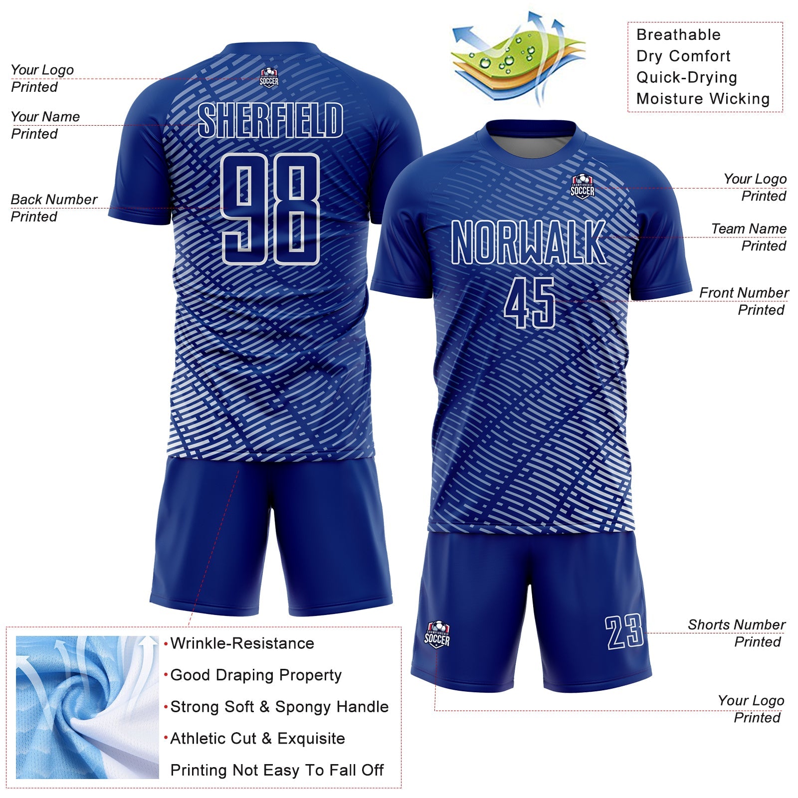 Custom Royal White Stripe Line Sublimation Soccer Uniform Jersey - Sky-Custom