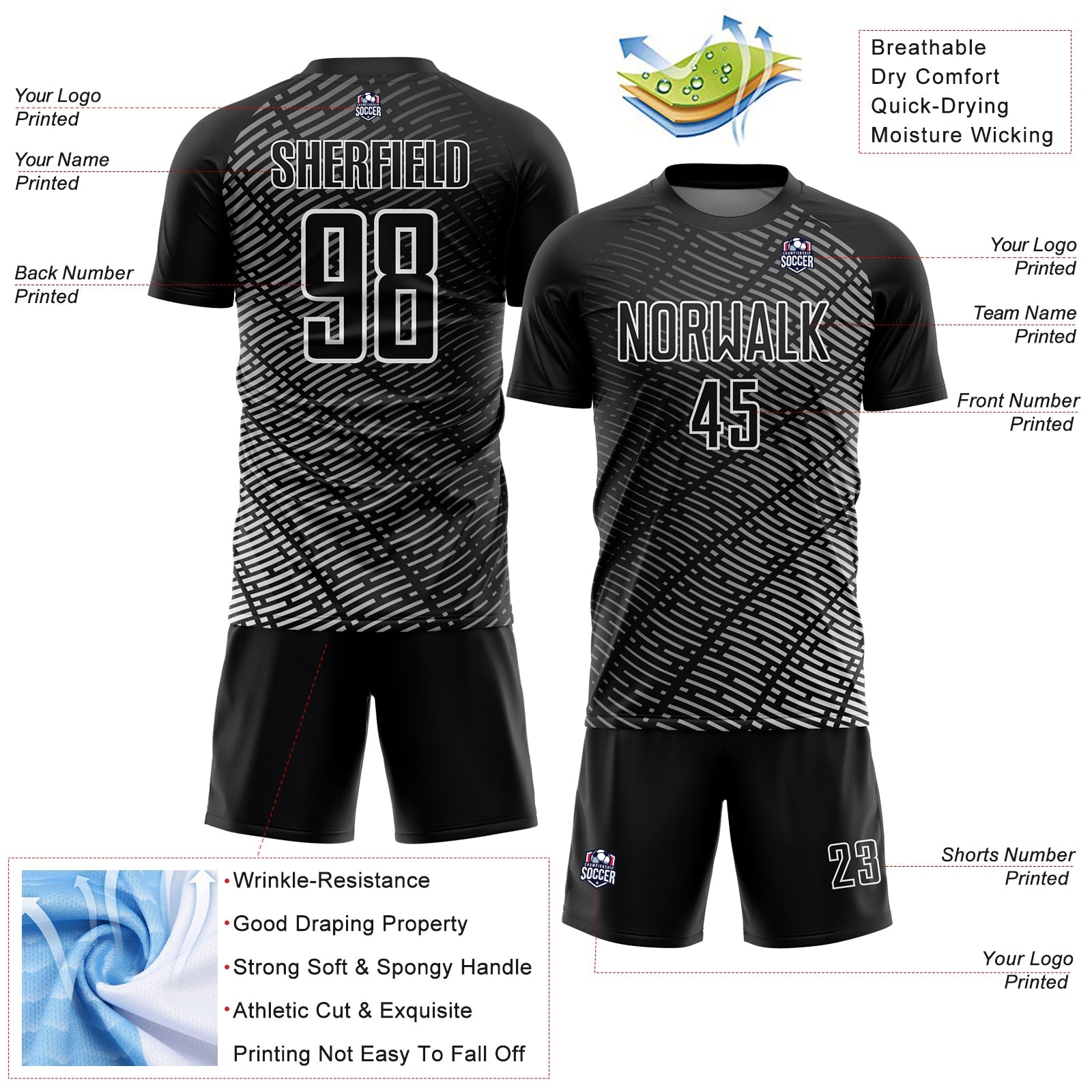 Custom Black White Stripe Line Sublimation Soccer Uniform Jersey - Sky-Custom