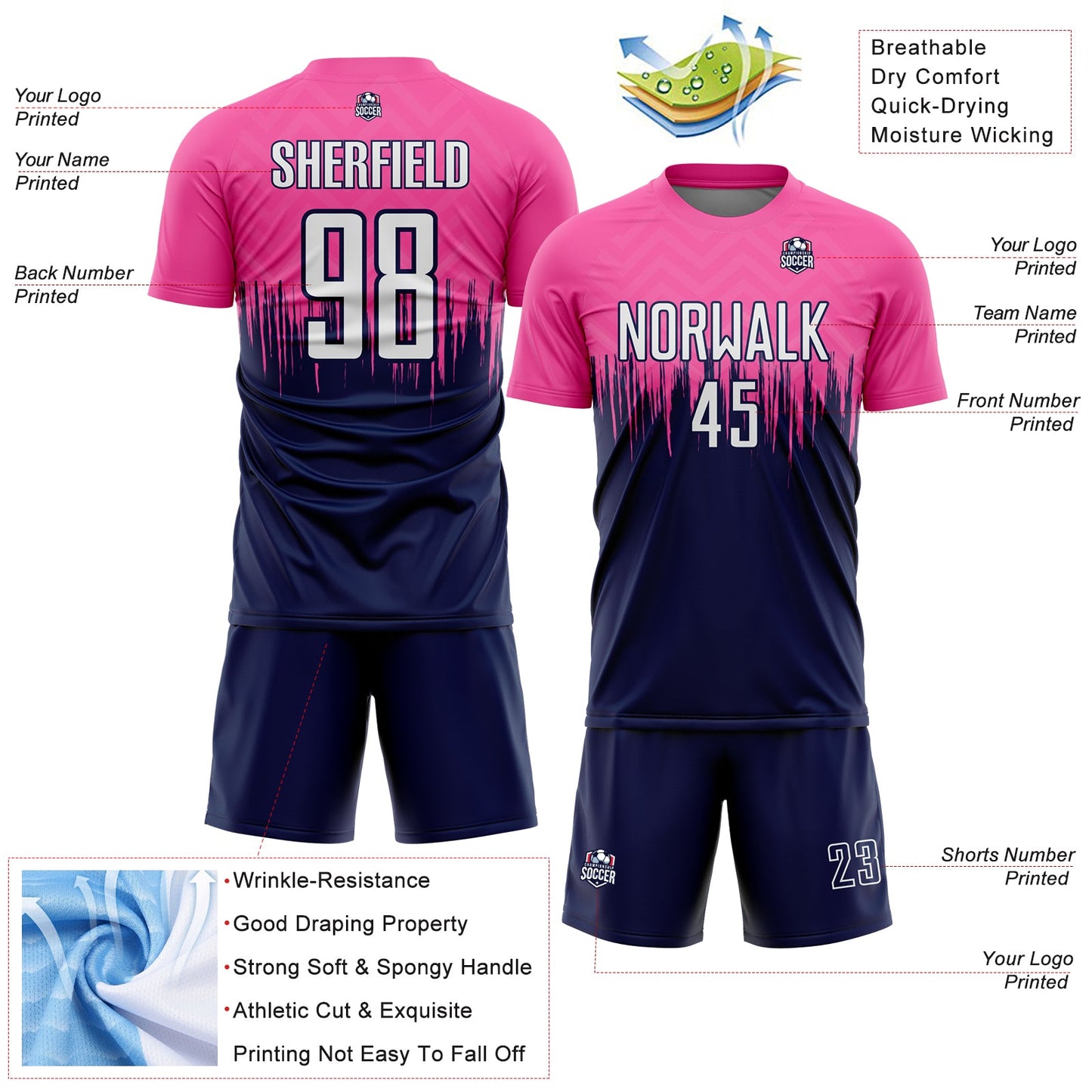 Custom Pink White-Navy Gradient Dripping Splatter Art Sublimation Soccer Uniform Jersey - Sky-Custom
