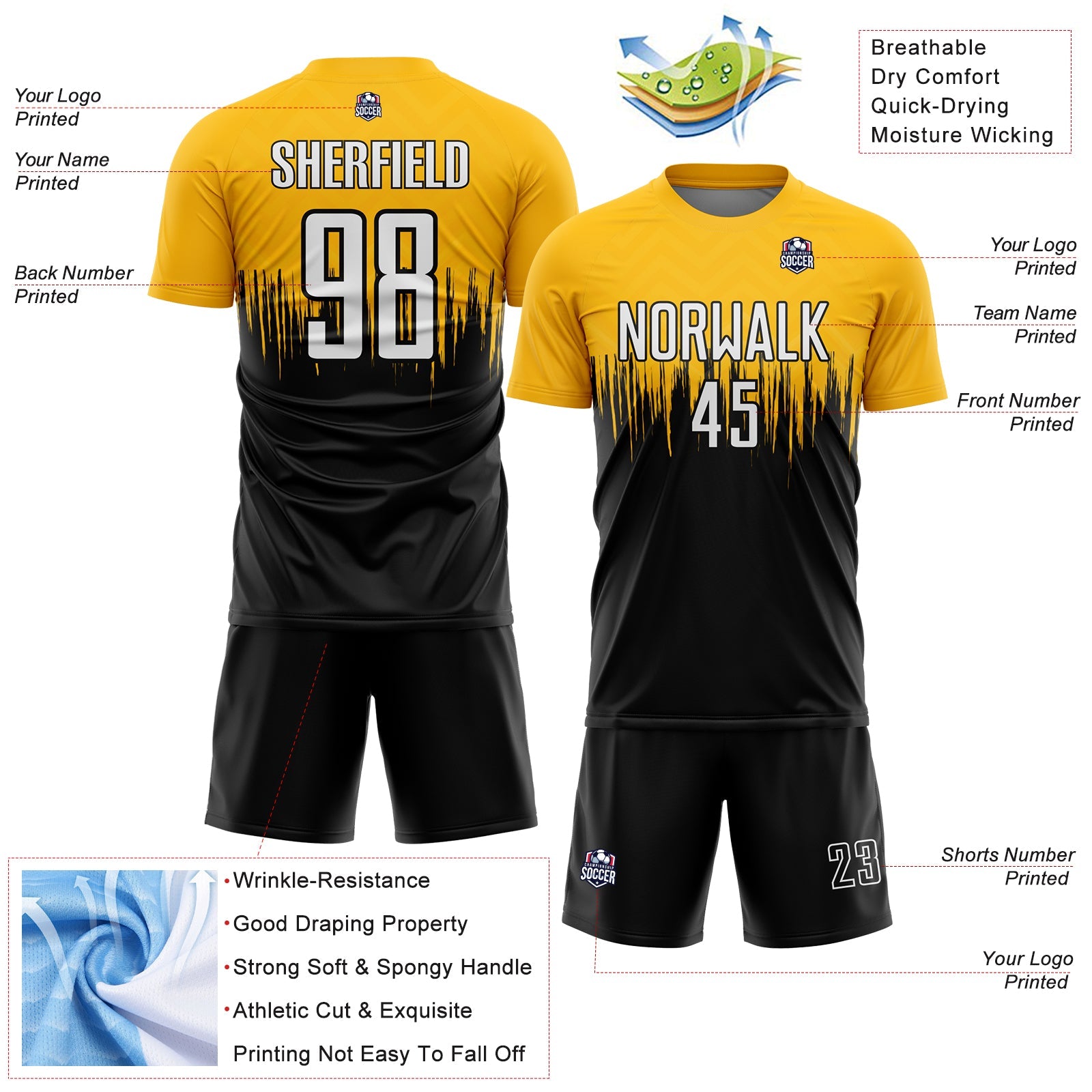 Custom Gold White-Black Gradient Dripping Splatter Art Sublimation Soccer Uniform Jersey - Sky-Custom