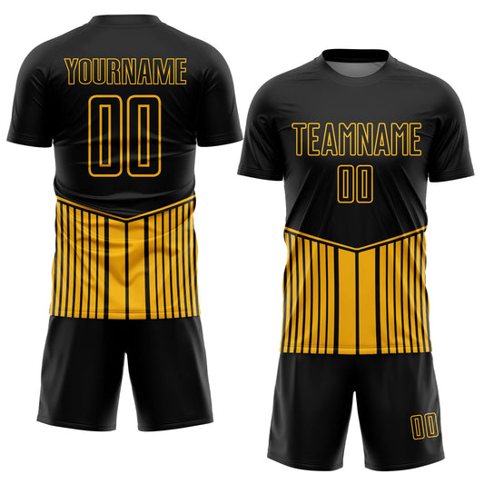 Custom Black Gold Stripe Line Sublimation Soccer Uniform Jersey - Sky-Custom