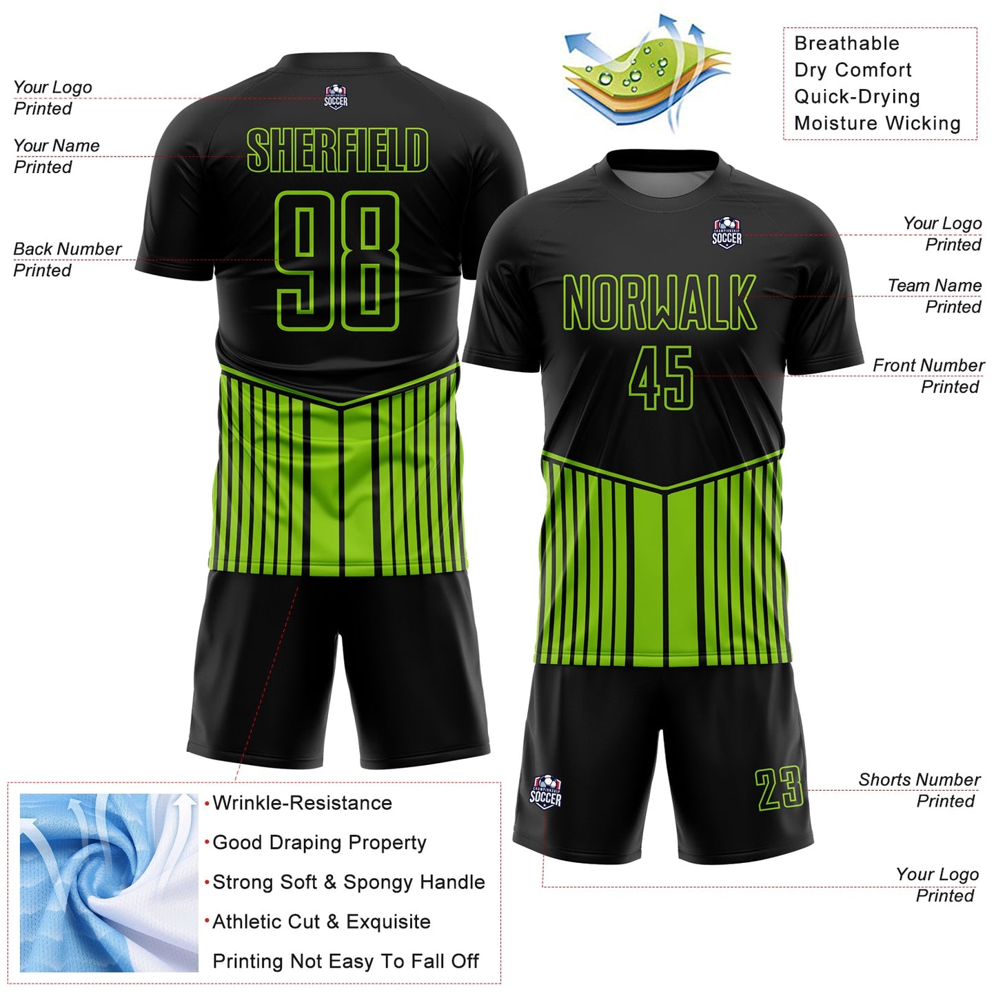 Custom Black Neon Green Stripe Line Sublimation Soccer Uniform Jersey - Sky-Custom