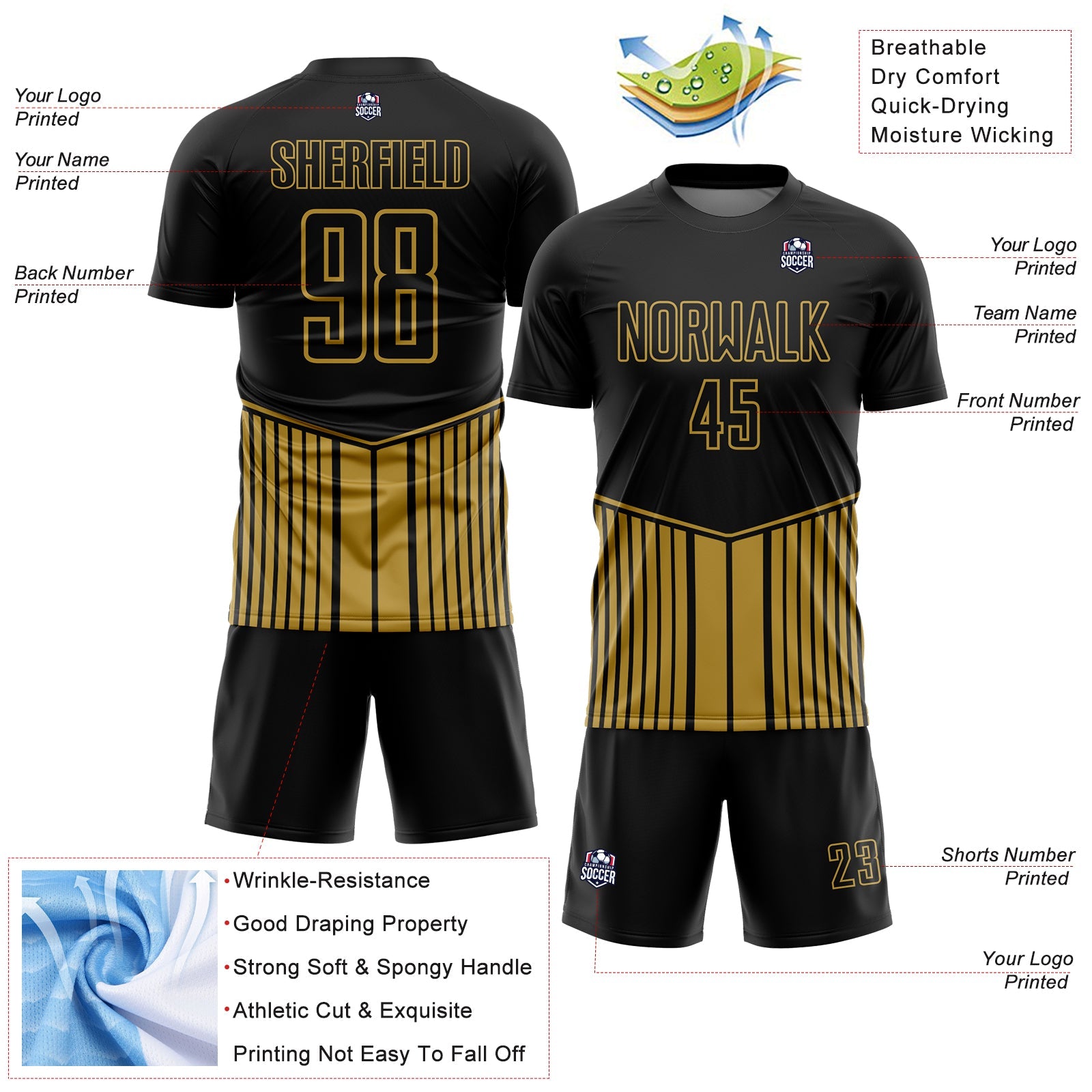 Custom Black Old Gold Stripe Line Sublimation Soccer Uniform Jersey - Sky-Custom