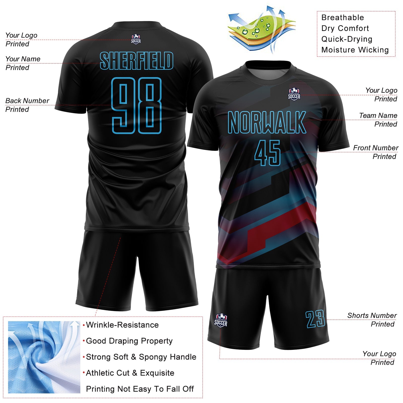 Custom Black Sky Blue Gradient Arrow Geometric Shapes Sublimation Soccer Uniform Jersey - Sky-Custom
