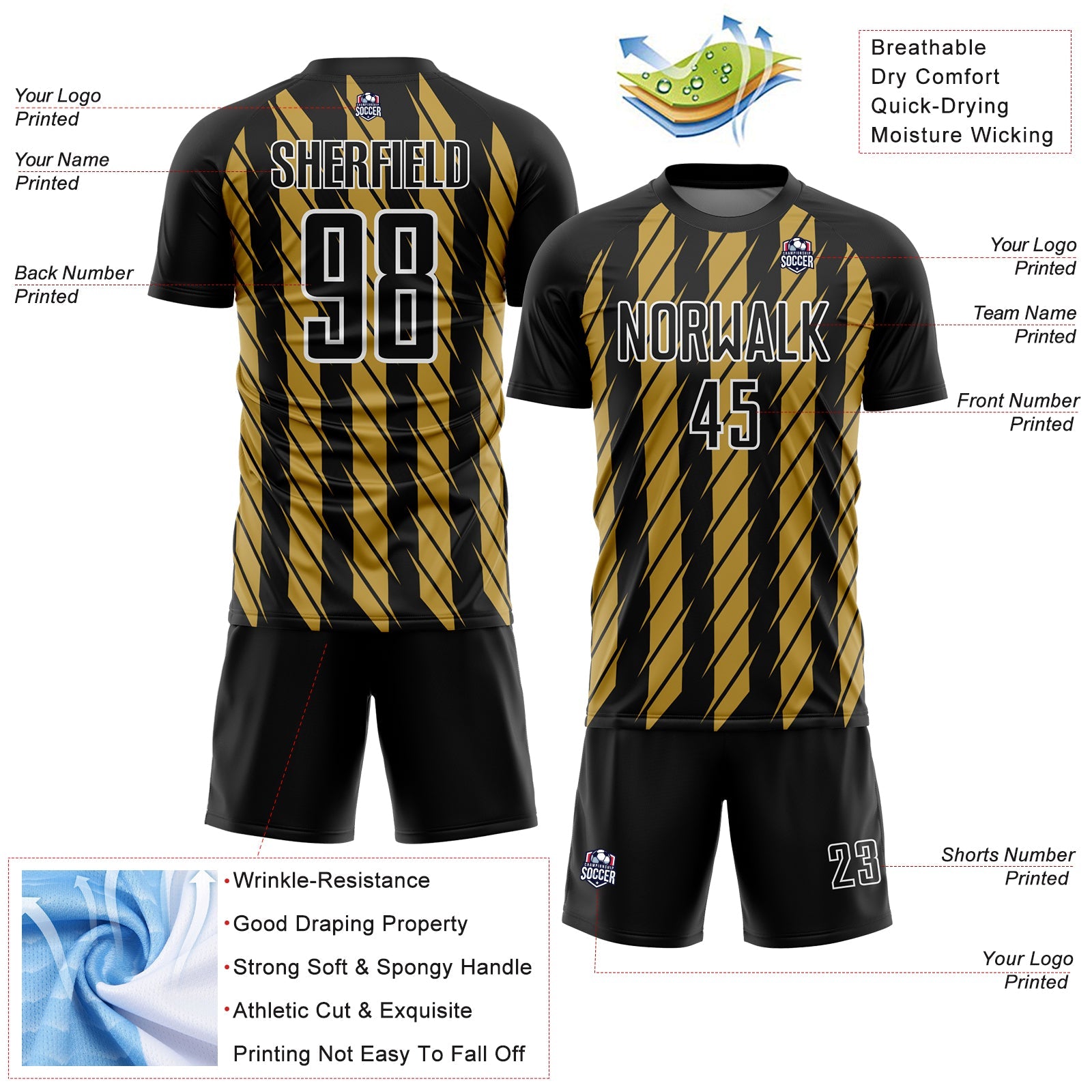 Custom Black Old Gold-White Stripe Line Sublimation Soccer Uniform Jersey - Sky-Custom