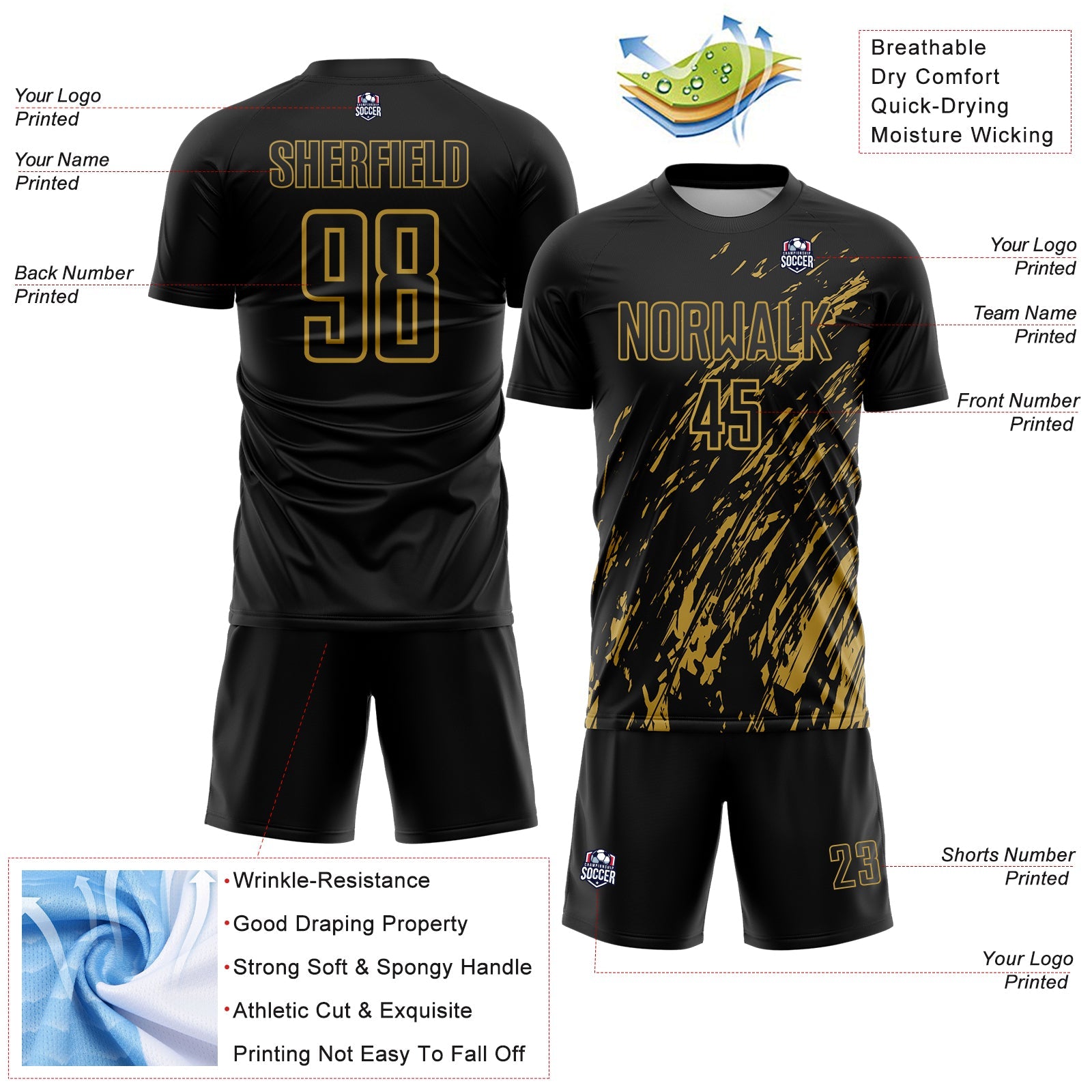 Custom Black Old Gold Splash Sublimation Soccer Uniform Jersey - Sky-Custom