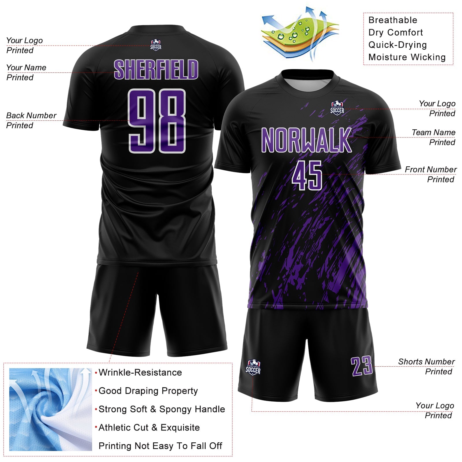 Custom Black Purple-White Splash Sublimation Soccer Uniform Jersey - Sky-Custom