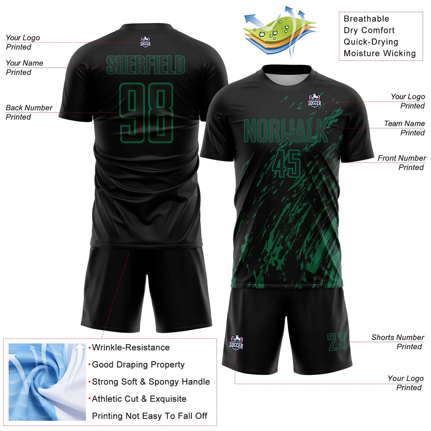 Custom Black Kelly Green Splash Sublimation Soccer Uniform Jersey - Sky-Custom