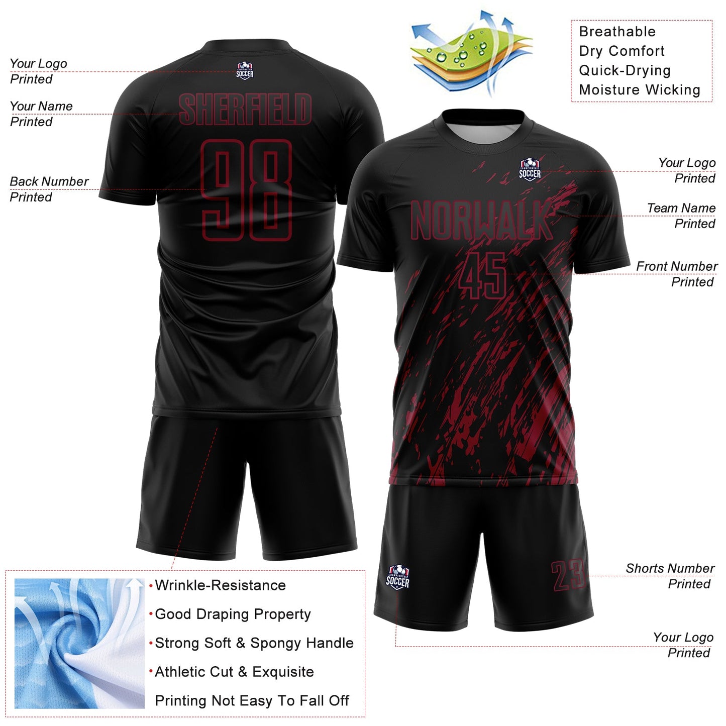 Custom Black Crimson Splash Sublimation Soccer Uniform Jersey - Sky-Custom