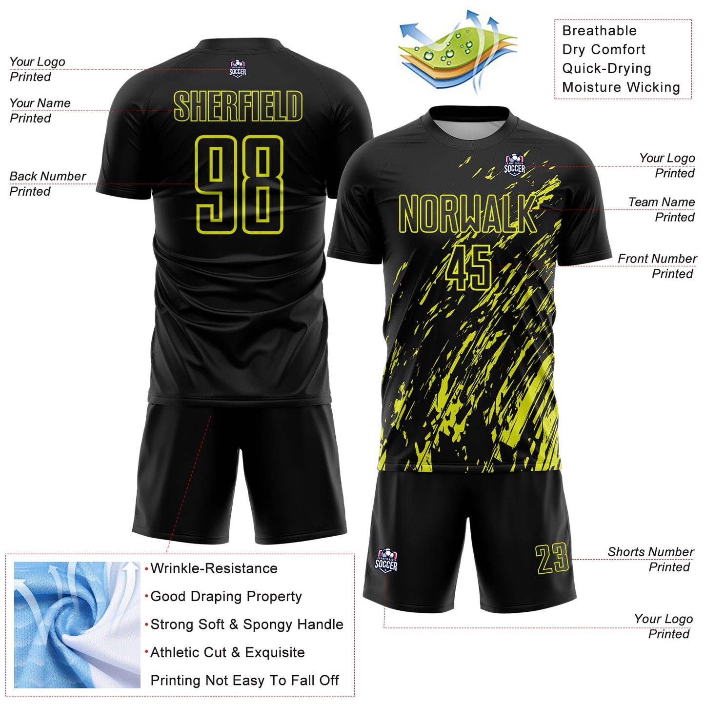 Custom Black Neon Yellow Splash Sublimation Soccer Uniform Jersey - Sky-Custom