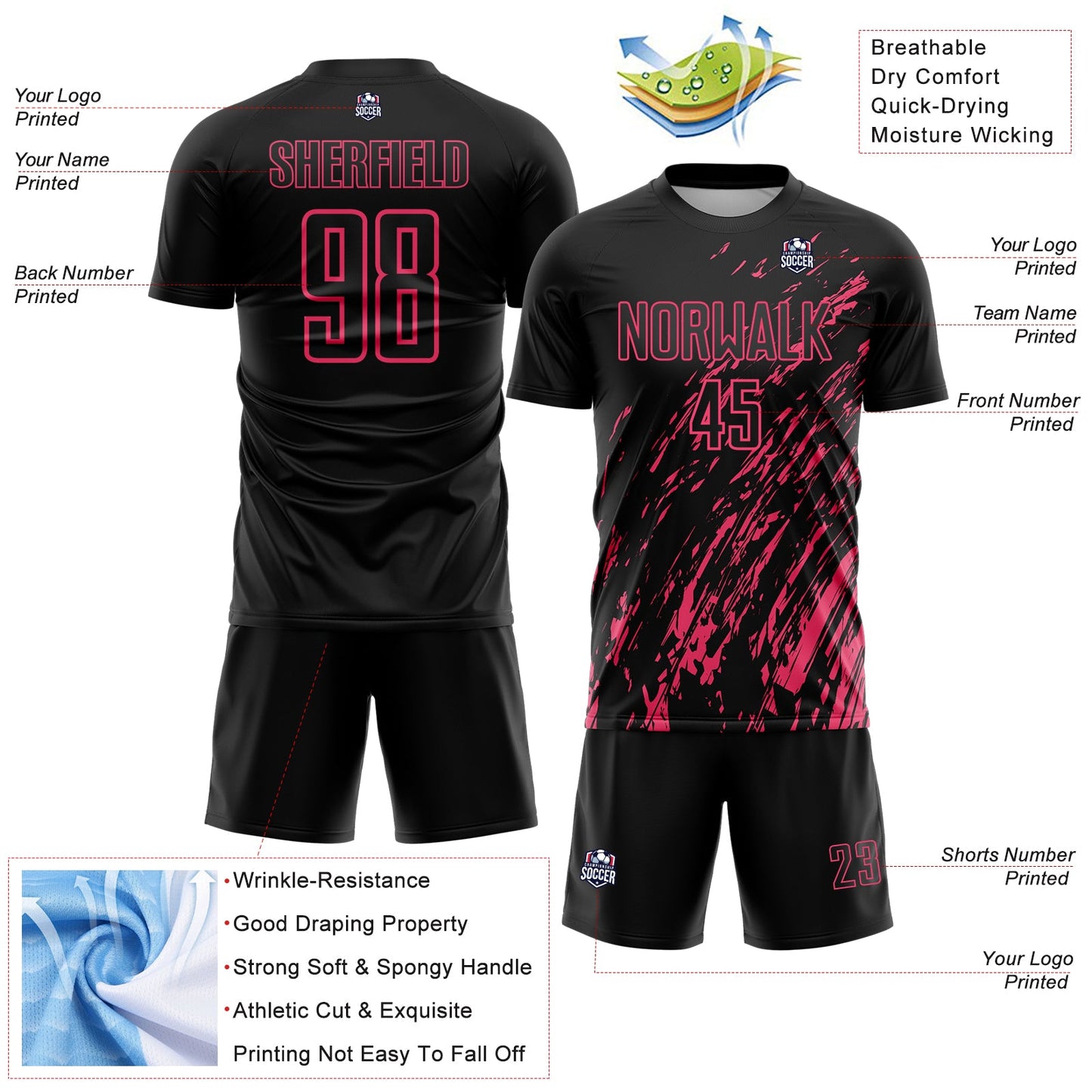 Custom Black Neon Pink Splash Sublimation Soccer Uniform Jersey - Sky-Custom