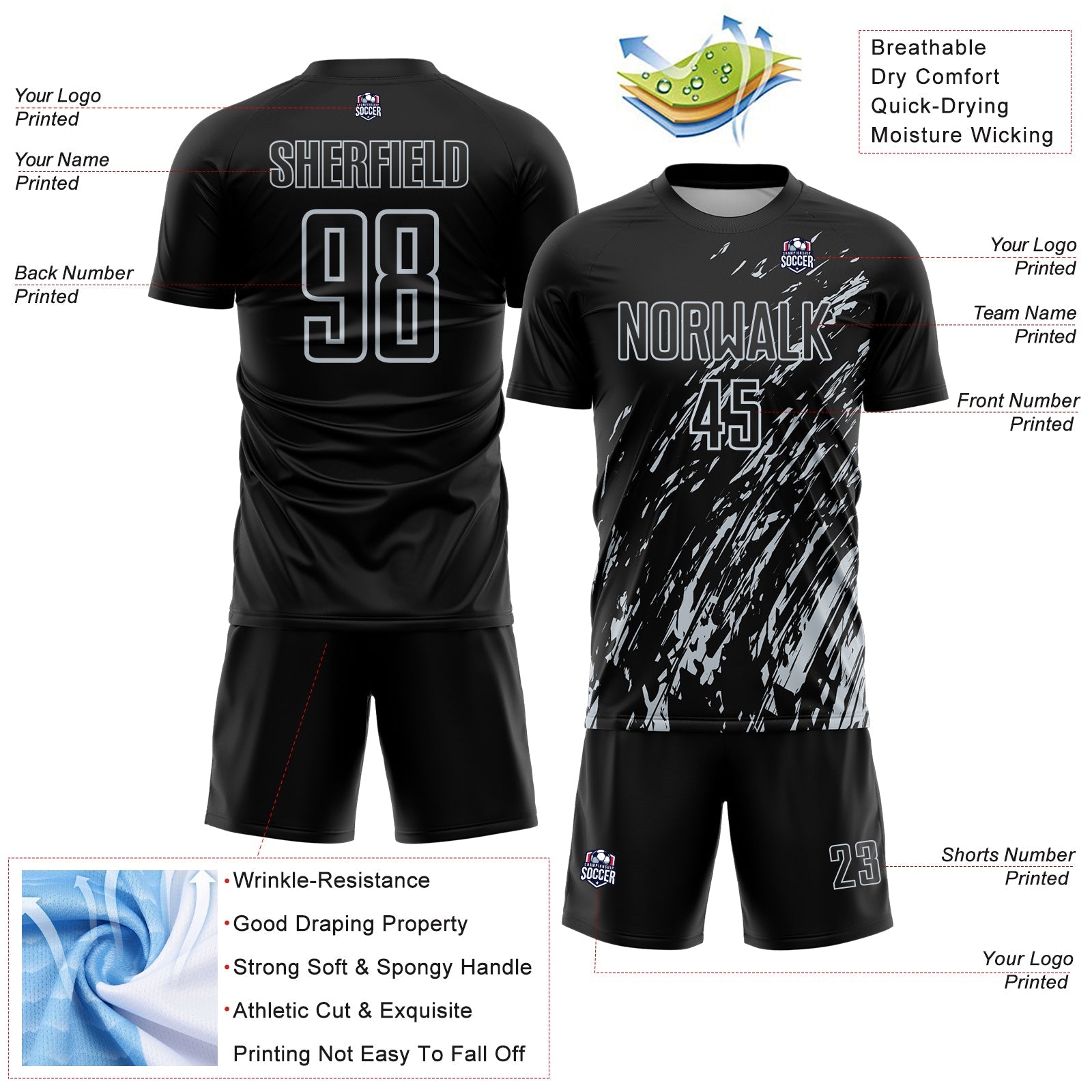Custom Black Silver Splash Sublimation Soccer Uniform Jersey - Sky-Custom