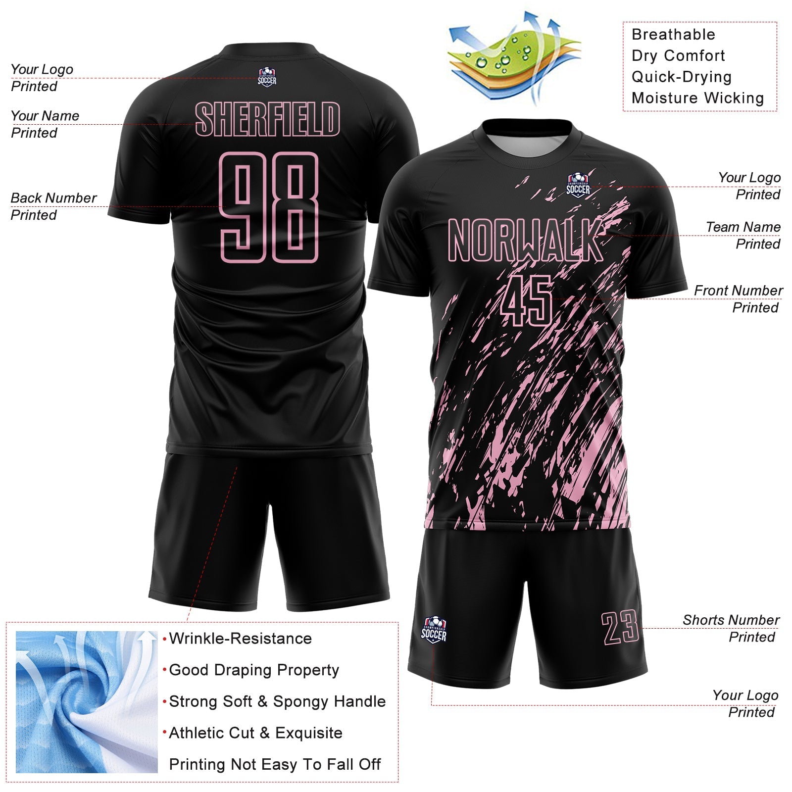 Custom Black Light Pink Splash Sublimation Soccer Uniform Jersey - Sky-Custom