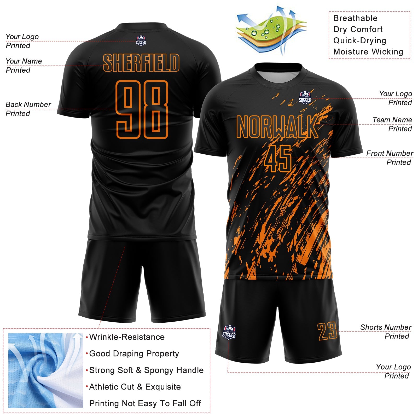 Custom Black Bay Orange Splash Sublimation Soccer Uniform Jersey - Sky-Custom