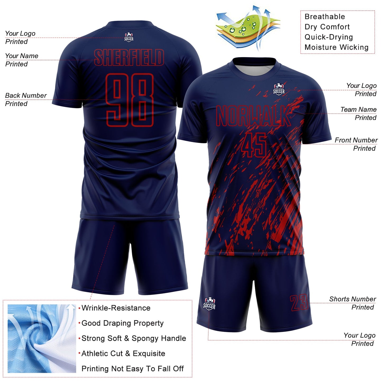 Custom Navy Red Splash Sublimation Soccer Uniform Jersey - Sky-Custom