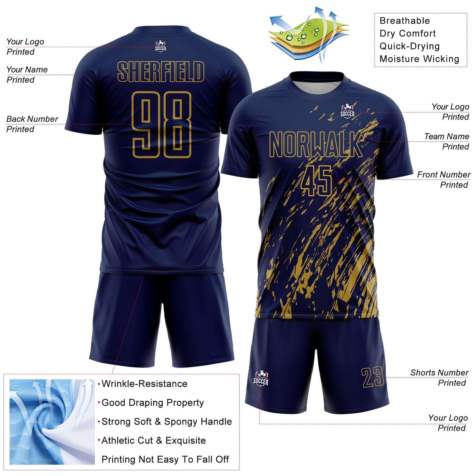 Custom Navy Old Gold Splash Sublimation Soccer Uniform Jersey - Sky-Custom