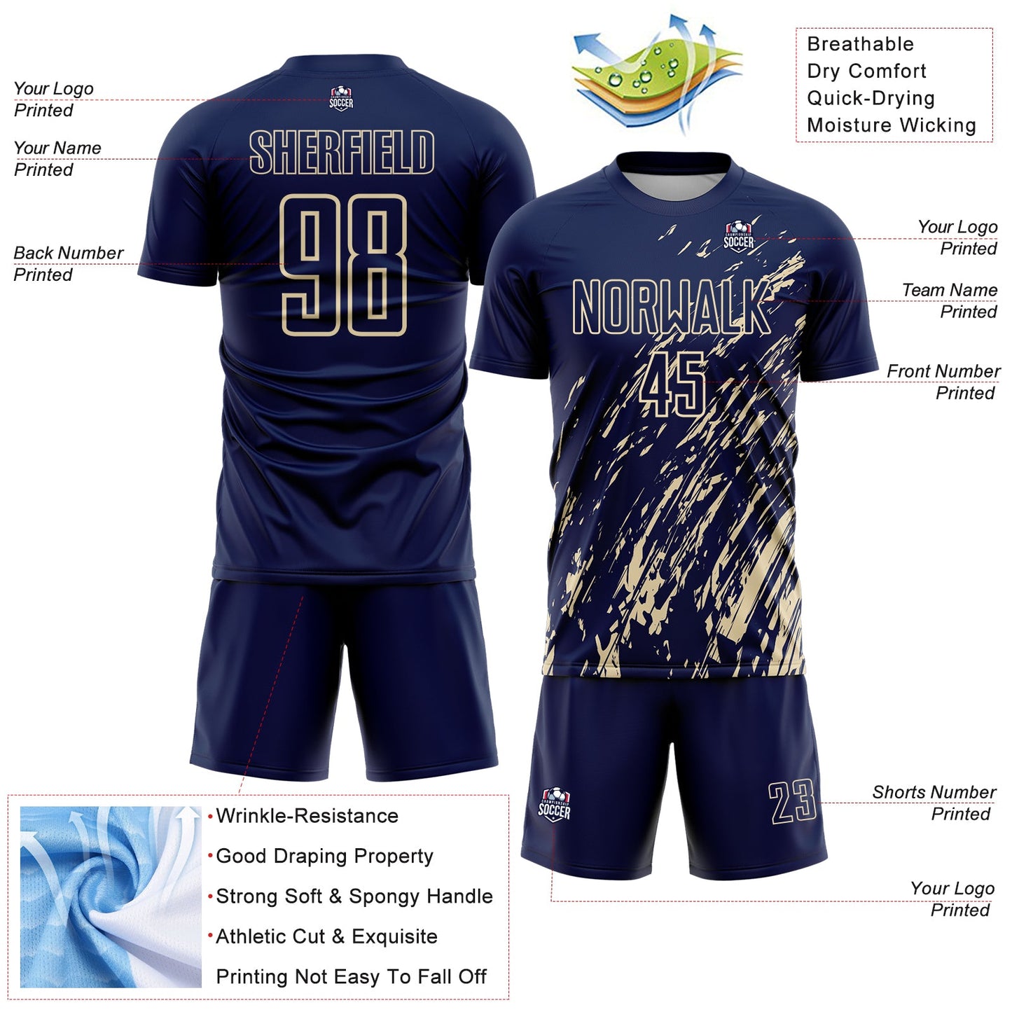 Custom Navy Cream Splash Sublimation Soccer Uniform Jersey - Sky-Custom