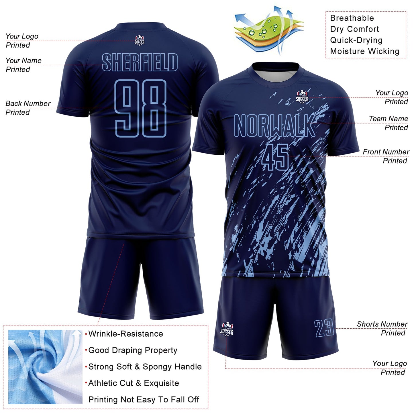 Custom Navy Light Blue Splash Sublimation Soccer Uniform Jersey - Sky-Custom