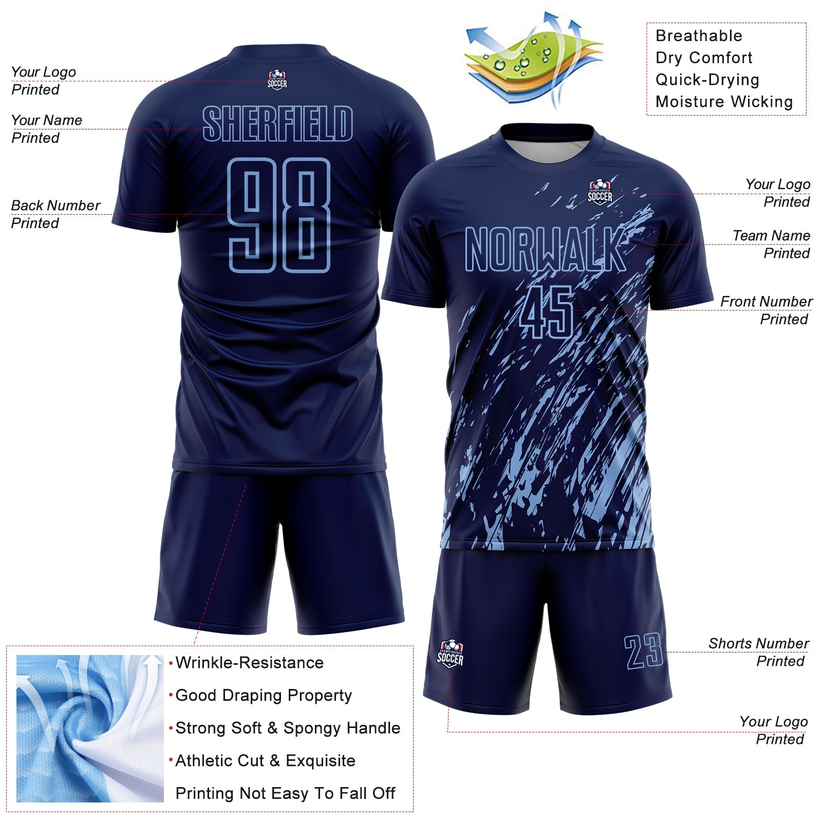Custom Navy Light Blue Splash Sublimation Soccer Uniform Jersey - Sky-Custom