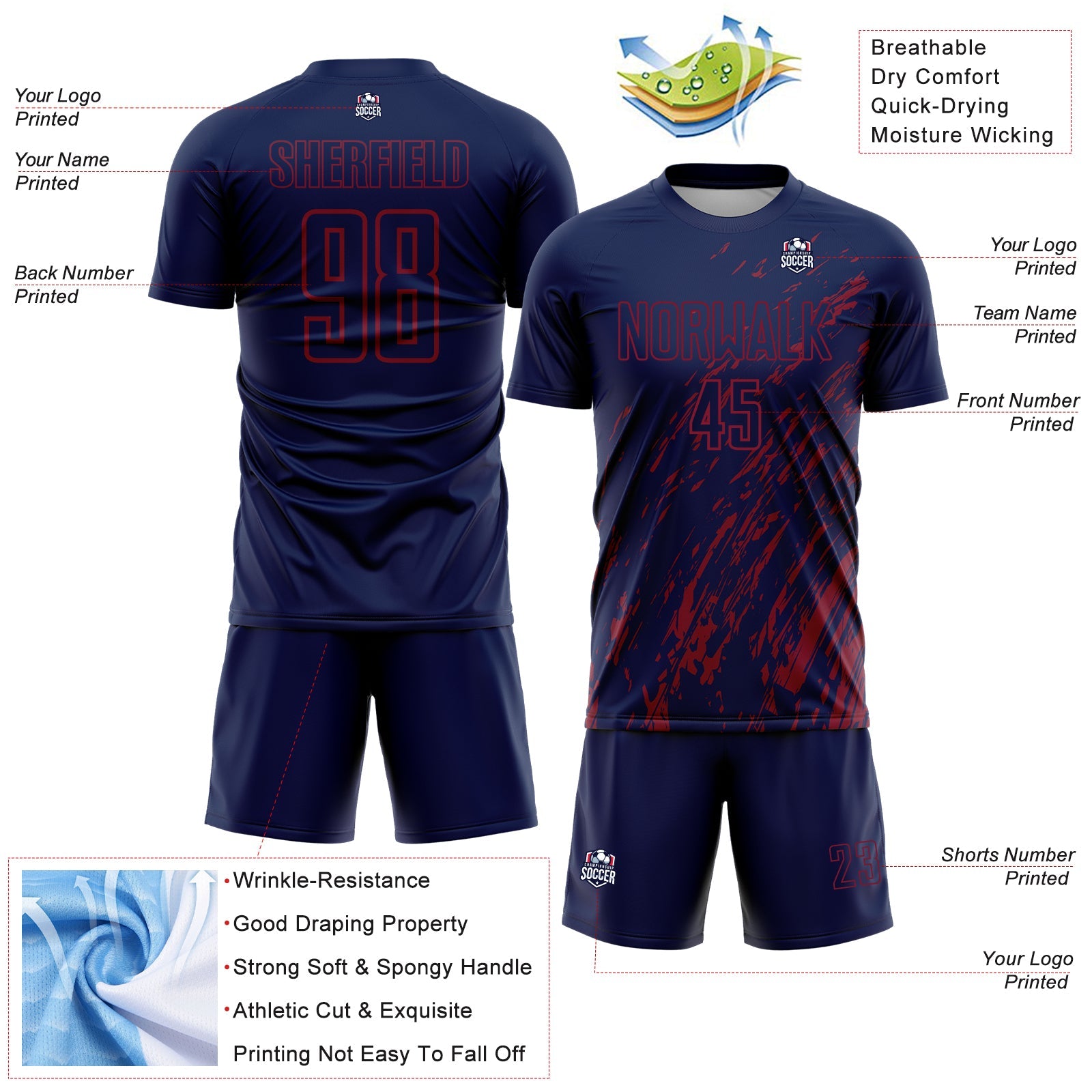 Custom Navy Crimson Splash Sublimation Soccer Uniform Jersey - Sky-Custom