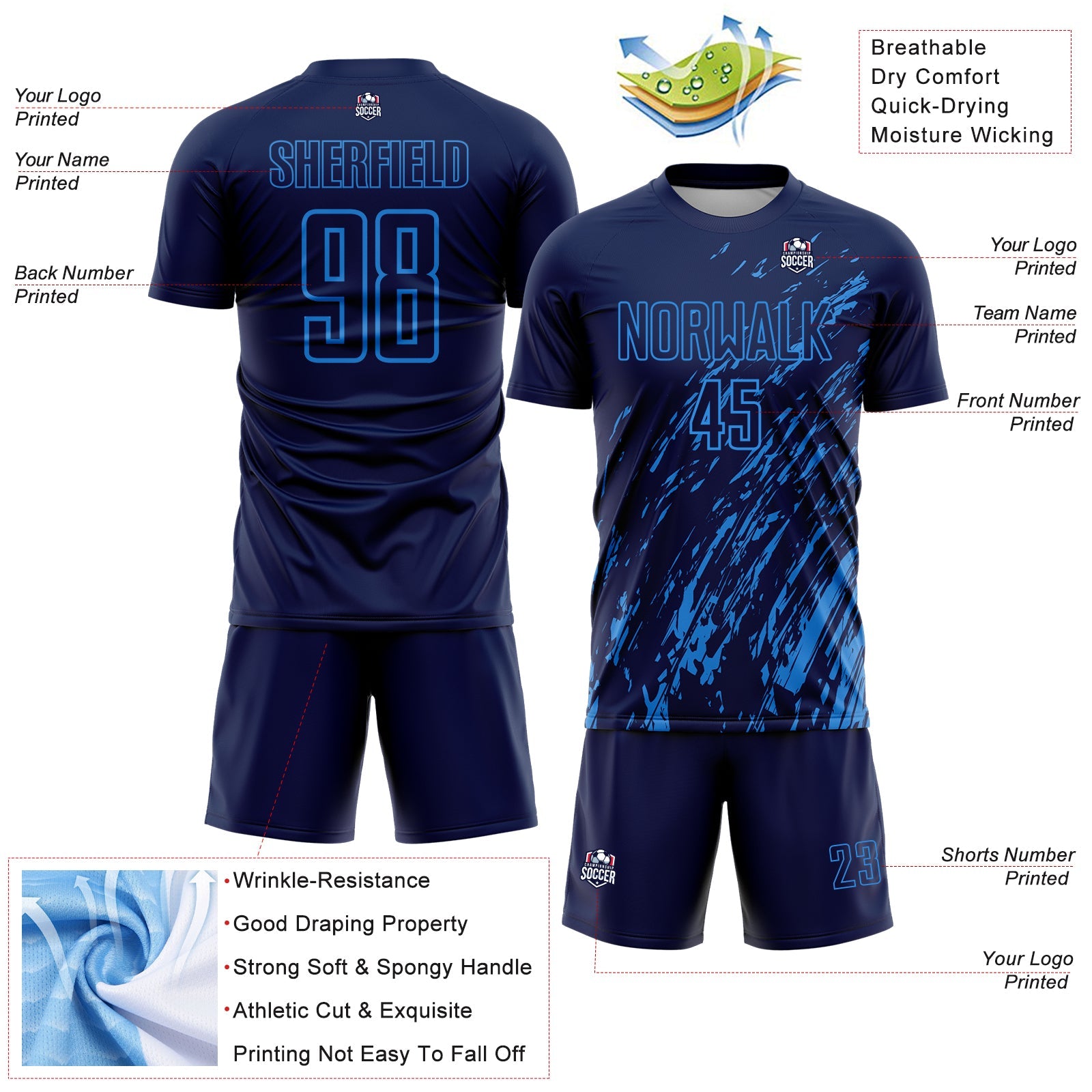 Custom Navy Powder Blue Splash Sublimation Soccer Uniform Jersey - Sky-Custom